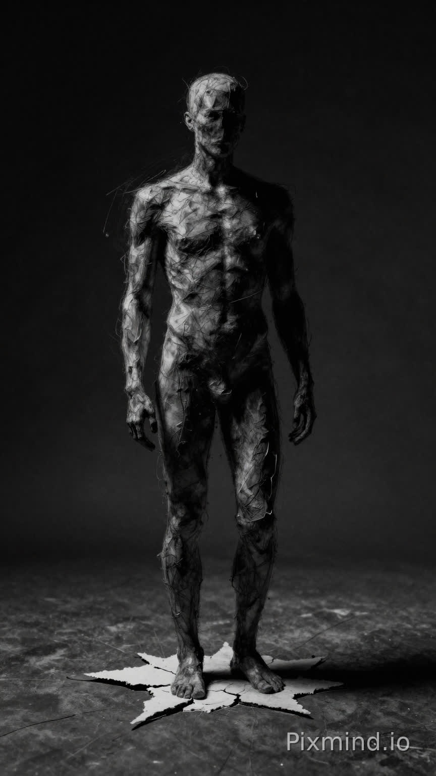 Black void, monochrome graphite and charcoal style, unfinished human figure like a living sketch, body formed from unstable trembling strokes, rough paper texture, white torn crack pulsing under his feet, vast surrounding darkness, minimal cinematic composition, haunting existential atmosphere, high contrast, slow camera pullback, black and white only, no circle behind, no smoke, no extra objects, no detailed muscles, no polished 3D look.