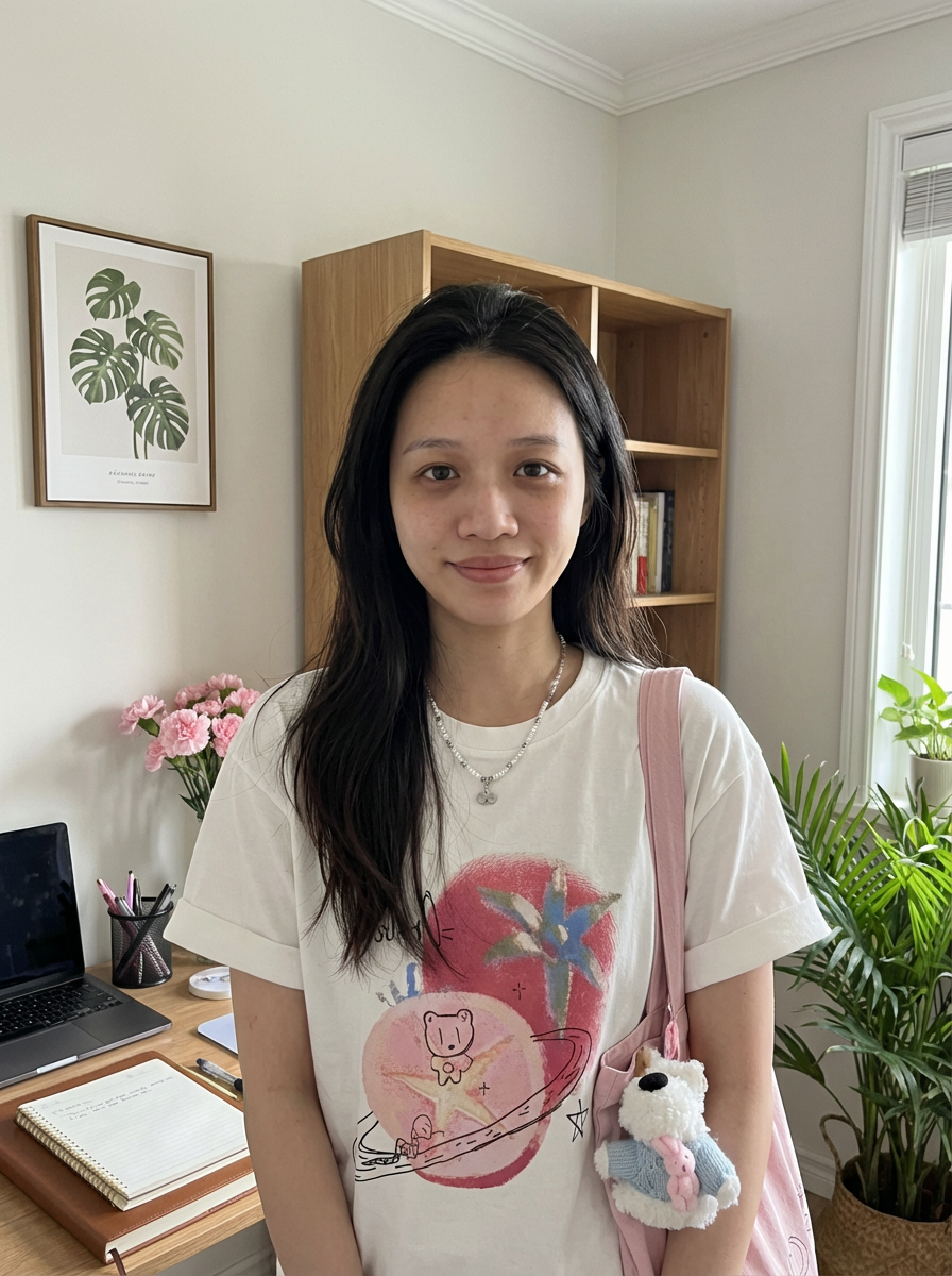 年轻中国女性,25–30岁,人物形象必须严格参考reference image,脸型、五官比例、眉眼结构、鼻子与嘴唇形态高度一致,不偏离参考人物,不生成陌生面孔,不网红脸,保留真实辨识度与个人特征
五官自然好看但不完美,具有生活感与记忆点,允许存在细微真实瑕疵,例如轻微黑眼圈、轻微肤色不均、小痘印或细小毛孔,整体呈现真实皮肤质感不过度修饰
长发自然披散,略微顺直带轻微弧度,不刻意造型,发丝自然垂落于肩部与锁骨位置,整体干净但不过分精致
妆容为日常通勤淡妆,有轻微修饰感但不过度精致,底妆轻薄可见皮肤纹理,眉毛自然,眼妆干净通透,唇色为自然提气色的淡色系,整体真实、有生活气息
表情放松自然,带轻微情绪,嘴角轻微上扬但不刻意微笑,眼神自然看向镜头,有真实交流感,无夸张表情或表演感
人物正对镜头,镜头与眼睛同一高度,正面构图(frontal shot),非自拍视角,不出现手机或相机
上半身构图或胸部以上近景,人物位于画面中部略偏中,脸部占比适中偏大,增强真实交流感与亲近感
穿着参考图2:白色宽松印花T恤(带卡通/插画图案),材质柔软自然,搭配简约居家风格,下装不作为重点呈现
场景为现代居家书房环境,浅色墙面,整体干净自然不刻意设计,墙面有植物主题装饰画,木质书架摆放书籍,空间有粉色鲜花与绿植点缀,桌面上有电脑与学习工具(如书本、笔记本、文具等),整体呈现真实生活学习氛围
光线为白天自然光或室内柔和白光,光线均匀但不过度打光,允许轻微阴影,符合真实室内采光效果
整体色调为自然中性或偏清新浅色系,不做风格化滤镜处理,不暖黄、不电影感、不刻意调色
画面风格为写实摄影风格,偏纪录感与生活影像,有真实呼吸感,允许轻微不完美,不商业广告、不摆拍、不棚拍
no selfie angle
no camera visible
no phone visible
no beauty filter
no overly perfect skin
no overly perfect lighting
raw realism
natural texture
imperfect beauty
authentic female portrait
real indoor daytime atmosphere