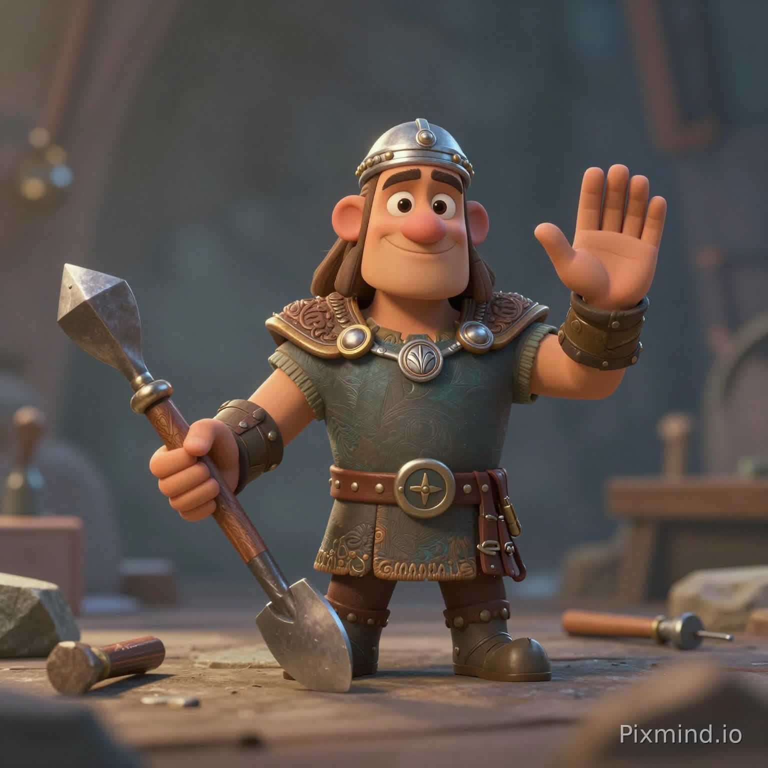 A Norse sculptor with his tool. No background. DreamWorks style. When hovered, the character will smile sincerely and waves his hand