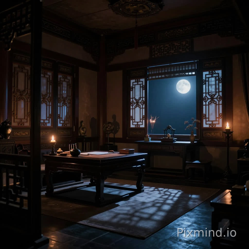 中国古代架空王朝,初冬,夜晚,晴朗,长公主府书房,室内,幽深雅致的房间,微弱的月光透过雕花窗纸斑驳地洒在地面上,与室内的烛火交相辉映,光线昏暗,寂静的氛围中透着一丝令人窒息的紧绷感,古色古香的门窗与雅致的摆件相得益彰,凸显出内敛的奢华。,不出现任何人物