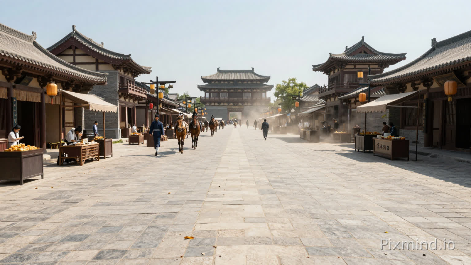 中国古代架空王朝,初秋,白昼,晴朗,京城朱雀大街,室外,繁华宽阔的古代街道,灿烂的阳光毫无保留地洒在平整的青石板路面上,光线明亮充足,微风卷起路边的几片落叶,空气中混杂着食物的香气与马匹驶过的尘土味,两侧店铺林立,彰显着京城首善之地的热闹与喧嚣。,不出现任何人物。正面角度,视线水平,全景。电影级别光影,4K超高清画质,还原明代真实生活场景,光线明亮柔和,对比度适中,低饱和度。,不出现任何人物。