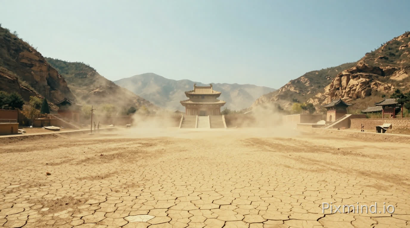 中国古代架空王朝,盛夏,白昼,烈日,皇陵工地,室外,尘土飞扬的广阔山谷,毒辣的太阳毫无遮挡地暴晒着干裂的黄土地,光线刺眼且炽热,空气中弥漫着浓重的尘土味与汗水的酸臭气,四周山势巍峨险峻,高台耸立在开阔地带,散发着一种庄严的压迫感与练兵场般的铁血气息。,不出现任何人物。正面角度,视线水平,全景。电影级别光影,4K超高清画质,还原明代真实生活场景,光线明亮柔和,对比度适中,低饱和度。