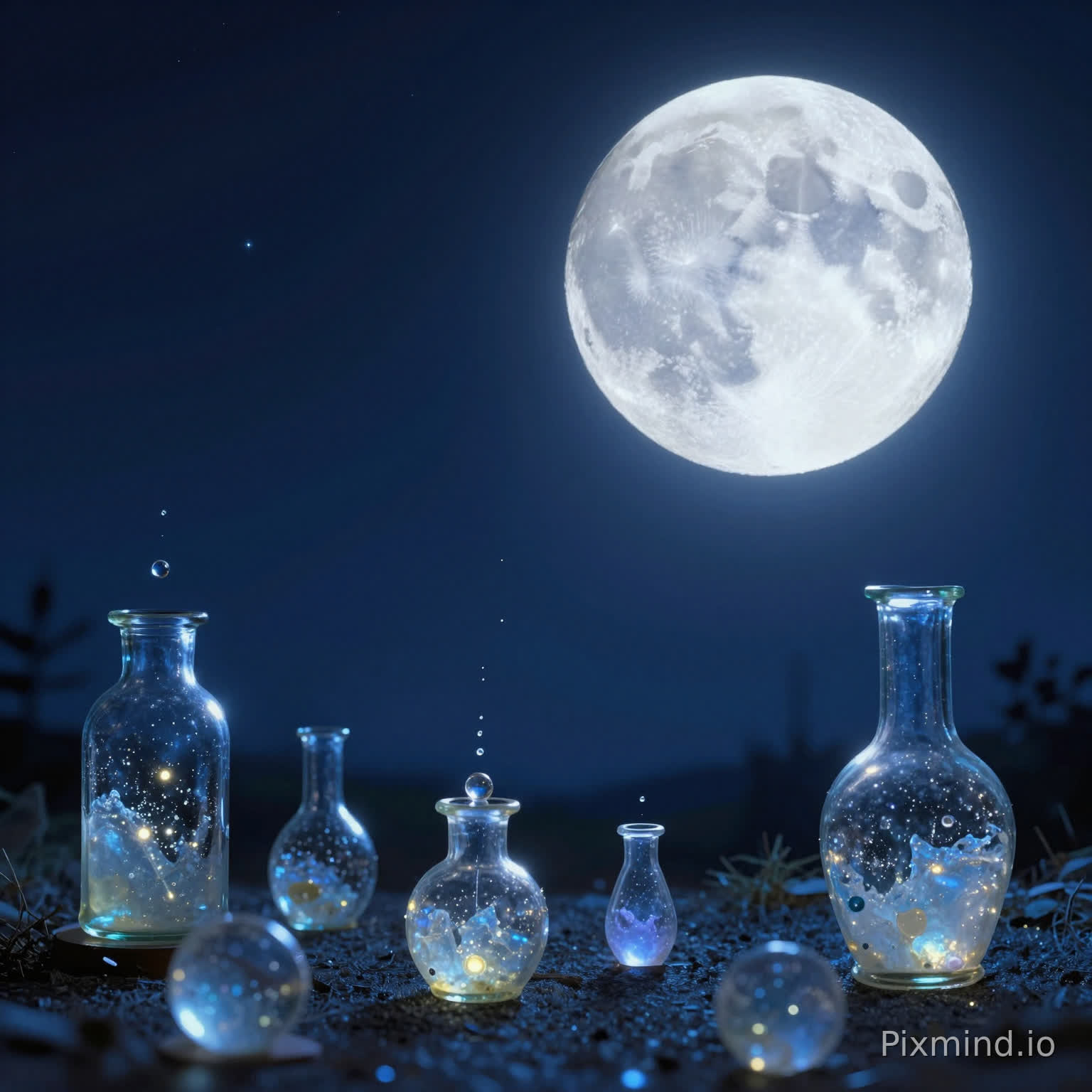 Un cielo nocturno mágico con una gran luna brillante que parpadea suavemente como un ojo. Cada parpadeo hace que caigan gotas de líquido luminoso de la luna. Las gotas brillan como cristal líquido y caen lentamente por el aire en cámara lenta cinematográfica. Abajo, recipientes y moldes de vidrio transparente reciben las gotas, llenándolas con resina brillante. El entorno se siente surrealista, onírico y poético, con suaves tonos azules y partículas flotantes.