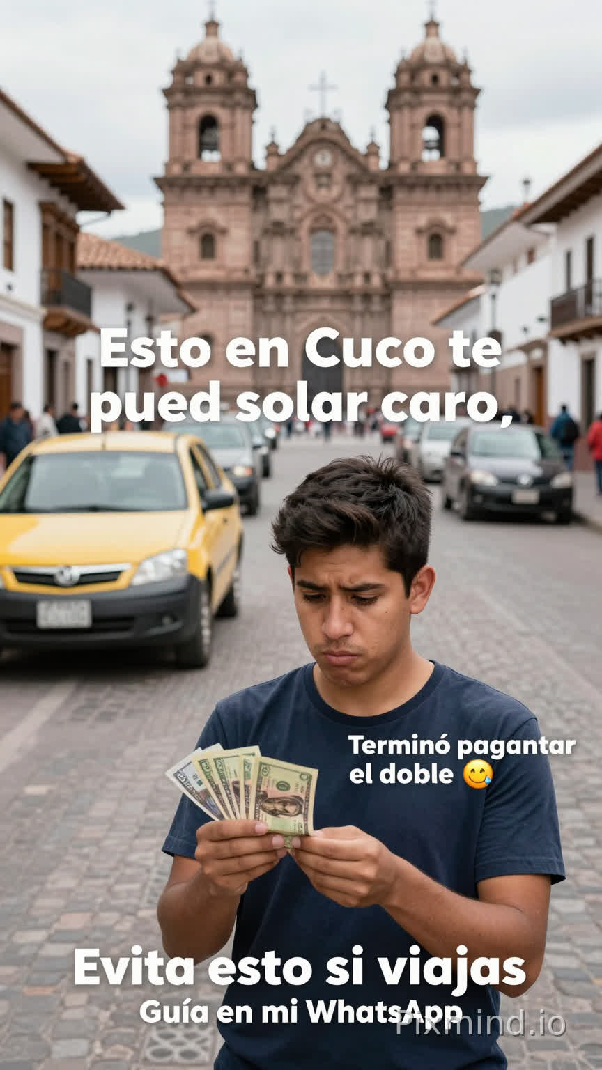 Video vertical 9:16, duración 15 segundos, calidad alta (1080p o superior), estilo realista tipo vlog de viaje.
Escena 1 (0-3s):
Un joven turista latino (20-25 años), aspecto natural, sin perfección (ligeras ojeras, piel realista), mirando confundido en una calle de Cusco con fondo de edificios coloniales y gente caminando. Expresión de duda.
Texto en pantalla grande: "Esto en Cusco te puede salir caro..."
Escena 2 (3-8s):
El turista hablando con un taxista informal, ambiente realista, calle con movimiento, autos pasando. El turista parece confiado pero el taxista sonríe de forma dudosa.
Texto: "Aceptó sin preguntar el precio..."
Escena 3 (8-12s):
El turista sorprendido mirando dinero en su mano (billetes), expresión de frustración. Ambiente urbano realista.
Texto: "Terminó pagando el doble 😬"
Escena 4 (12-15s):
Plano del turista mirando a cámara serio, fondo Cusco.
Texto final: "Evita esto si viajas..."
Subtexto pequeño: "Guía en mi WhatsApp"
Estilo visual:
- Iluminación natural
- Imperfecciones realistas (piel, movimiento, cámara ligera tipo handheld)
- No estilo animado, no caricatura
- Movimiento leve de cámara (realista tipo grabado con celular)
Audio:
- Música suave de fondo tipo viaje
- Sonido ambiente calle (ligero)
Objetivo:
Generar curiosidad, realismo y sensación de error común de turista.