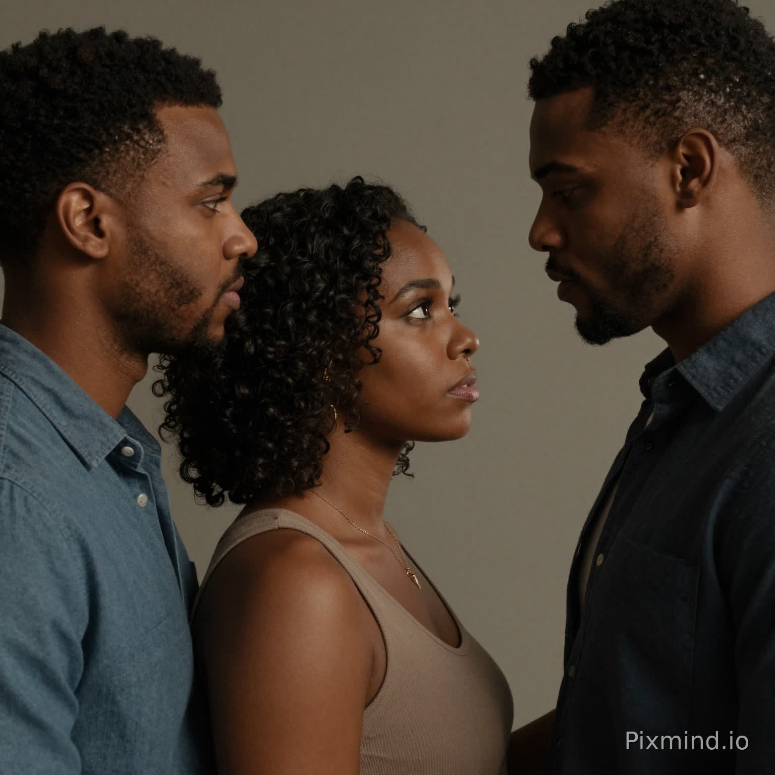 A romantic love triangle featuring a beautiful Black woman and two handsome Black men. The woman stands between them, looking conflicted, while both men gaze at her with desire and tension. Cinematic lighting, emotional atmosphere, dramatic scene.