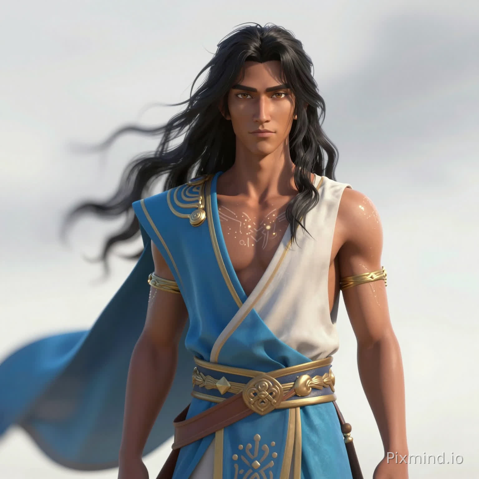 anime style, high detail, cinematic lighting, dynamic shadows, character design sheet, full body, front view, clean background, 4k, sharp focus, modern manga style, detailed fabric texture
blurry, low quality, extra limbs, deformed face, unrealistic anatomy, western cartoon, 3d render, overexposed, duplicate character
Andriandahy, Sakalava chosen leader, slender but defined male (1m78), calm spiritual presence, soft oval face but with a defined masculine jawline and subtle cheekbone structure, smooth brown skin, slightly angular features, expressive but firm lips, light brown eyes with golden reflections, deep and steady gaze, long wavy black hair (shoulder length), natural and slightly wild, composed and grounded posture, broad but not bulky shoulders, visible collarbone and light muscle definition, wearing Sakalava-inspired royal clothing, flowing fabrics, ocean tones (blue, white, gold), spiritual patterns, ancestral symbols glowing faintly on skin, mystical aura, standing near wind or water, serene but powerful, quiet masculine energy