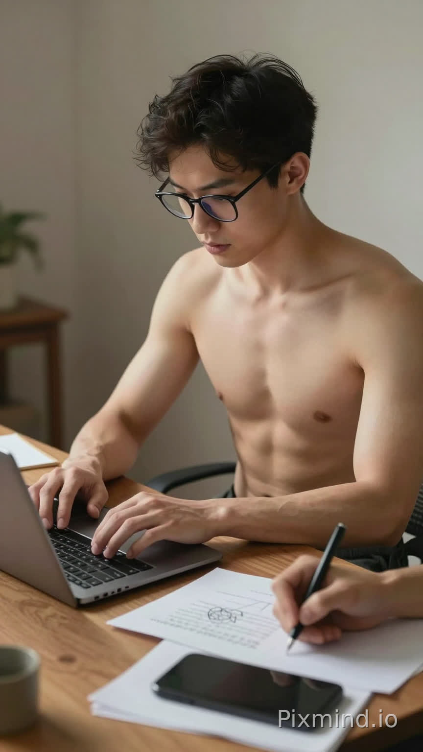 Edit the person sitting at the table with a laptop.
IMPORTANT: The original image must remain EXACTLY unchanged. Do not modify the background, environment, lighting, camera angle, composition, objects, or color tone. The scene must stay identical to the input photo.
Keep the same face identity, facial structure, hairstyle, and glasses position exactly.
Transform the character into a single human body with multiple arms (multi-limbed version), while keeping the same seated position at the table.
CRITICAL: This is ONE person with extended extra arms, NOT multiple people. Do not create duplicates or clones.
The body should naturally integrate additional arms:
First pair of arms working on the laptop keyboard (editing/work flow)
Second pair of arms writing scripts on paper at the same table
Third pair of arms working on creative design tasks (sketching or digital tablet)
All arms belong to the same single body and originate naturally from the torso, with realistic anatomy integration.
Keep laptop, table, and all background objects unchanged.
Photorealistic RAW photo, ultra realistic, cinematic lighting, natural shadows, high detail skin texture.
No clones, no multiple people, no split scenes, no cartoon, no illustration, no distortion, no extra fingers, no deformed anatomy, no blur.