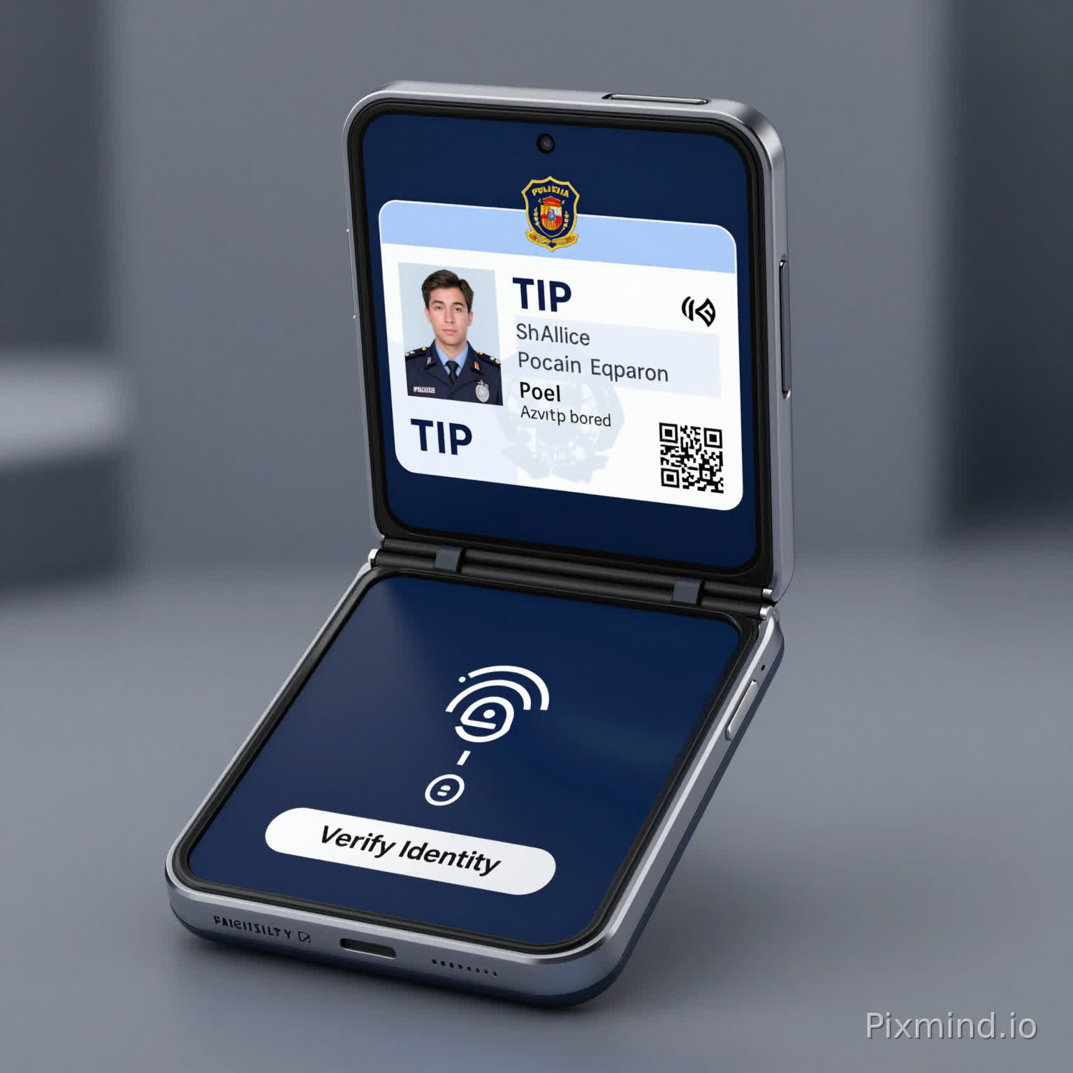 Ultra realistic render of a foldable police identification device opened vertically, inspired by the Samsung Galaxy Z Flip but redesigned as a government-issued tool.
Top half of the screen displays a digital police ID card:
- professional portrait photo
- name and surname
- badge number (TIP)
- police force (Spanish style)
- rank
- QR code and NFC symbol
- subtle animated security seal effect
Bottom half shows a minimal secure interface:
- "Verify Identity" button
- secure connection icon
- encrypted status indicator
Design is clean, official, with dark blue and black tones, elegant typography. No consumer UI elements.
The device looks robust, official, and futuristic but realistic, like a prototype from a Ministry of Interior.
Cinematic lighting, shallow depth of field, highly detailed textures, ultra sharp, 8k realism.