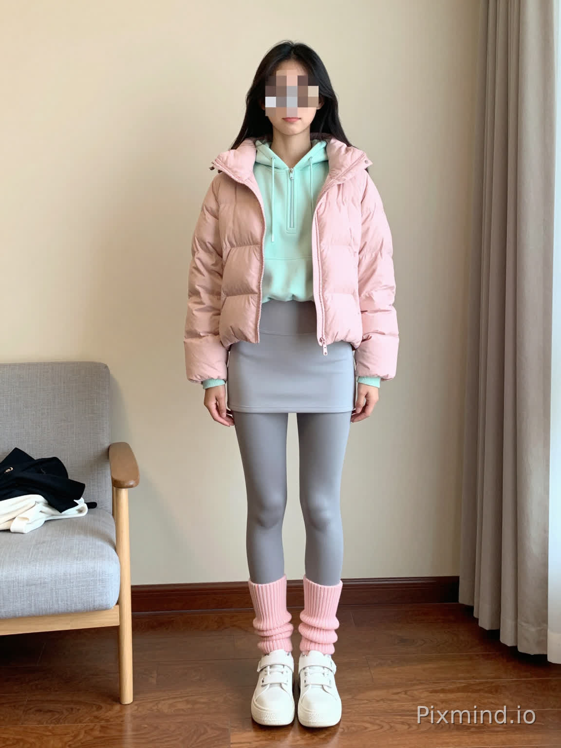 full body shot, realistic style, tall and slender young East Asian girl, long straight black hair, face covered with pixel mosaic, standing in bright indoor space with hands tucked into pockets, wearing a short light pink hooded down jacket, light mint green zip-up hooded sweatshirt as inner layer, light gray tight mini skirt, high-waisted gray glossy tight leggings, light pink knitted slouchy calf leg warmers, white thick-soled hook-and-loop platform sneakers, home indoor background, plain light beige wall, dark brown wood floor, a wooden-framed gray fabric armchair is placed on the left with clothes stacked on its seat, light brown curtains are on the right, soft natural daylight, casual daily winter outfit, clean composition, warm tone, high definition, sharp focus