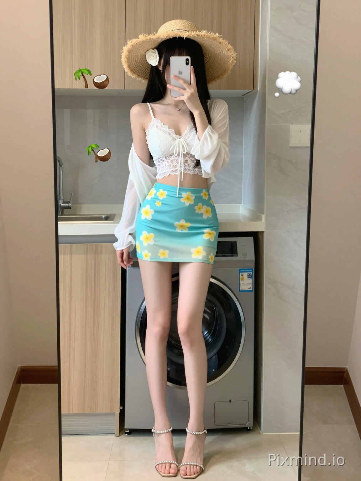 全身对镜自拍,甜欲纯欲风东亚少女,极致纤细修长漫画大长腿,冷白细腻通透白皮,黑长直柔顺长发,齐刘海,脸部被苹果手机遮挡,腰细身材曼妙。
穿搭:白色蕾丝V领绑带短款露腰吊带,外搭白色微透喇叭袖长袖薄款防晒开衫,湖蓝色水波纹渐变包臀超短裙,裙身布满明黄色鸡蛋花印花;头戴大檐波浪边草编度假草帽,帽子侧边别着白色山茶花装饰,脚上穿透明水钻一字带细跟高跟凉鞋,佩戴精致细项链。
场景:居家室内环境,背景浅木色柜门、大理石墙面、家用洗衣机,简约干净室内背景,正面全身镜竖版构图,人物居中。
光影画质:室内柔和暖调柔光,均匀柔和漫射光,无生硬阴影,高清写实真人照片,网红ins风,韩系辣妹度假穿搭,皮肤质感细腻真实,服饰纹理细节清晰,8k超高清,画质精致,画面干净柔和,画面点缀可爱小emoji贴纸(椰子树、椰子、蓝色蝴蝶云朵小贴纸)