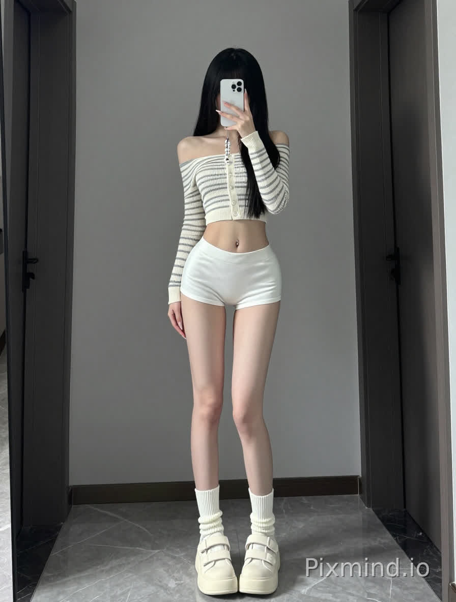 全身对镜自拍,甜辣纯欲风东亚少女,极致纤细修长漫画大长腿,冷白通透细腻白皮,纤细小蛮腰,黑长直柔顺长发,齐刘海,脸部被苹果手机遮挡,精致长美甲,腹部有脐钉。
穿搭:米白底色灰色横条纹一字肩露肩长袖紧身短款针织开衫,正面一排小纽扣设计,高腰奶白色紧身包臀超短休闲热裤,米白色卷边中筒堆堆袜,米白色魔术贴厚底松糕大头板鞋,手机带有串珠挂链配饰。
场景构图:居家室内环境,背景是深灰色墙面、深灰色极简室内房门、灰色大理石地砖,画面干净简约,竖版全身人像,人物居中侧身站姿。
光影画质:室内柔和冷调中性柔光,均匀漫射柔光,无生硬硬阴影,高清写实真人实拍照片,抖音网红辣妹穿搭,日常休闲纯欲风,皮肤质感细腻真实,服饰面料纹理细节清晰,8k超高清,画质精致,低饱和清冷柔和色调,原生相机质感