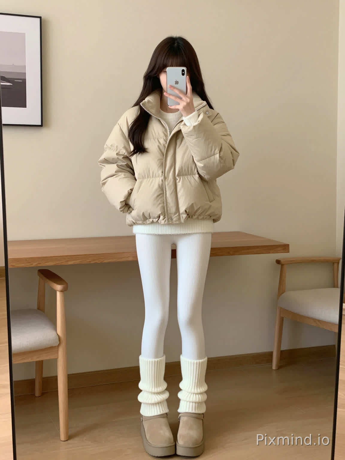 全身人像直拍,韩系温柔甜妹东亚少女,极致纤细修长漫画大长腿,冷白细腻通透白皮,身材纤细,柔顺深棕黑长直长发,齐刘海,右手插兜站姿,左手拿着新款苹果17手机挡脸自拍。
穿搭:浅卡其色短款连帽牛角扣宽松面包羽绒服棉服,立领设计,内搭白色羊羔毛毛绒下摆打底衣,纯白色竖向坑条紧身连裤打底裤,奶白色超长堆叠款阔腿针织堆堆袜套,浅奶茶色厚底增高雪地靴。
场景构图:酒店室内环境,背景是浅米色纯色墙面、木质书桌、浅木框休闲椅子、墙面装饰挂画,画面干净温馨简约,竖版全身人像,人物居中正面全身构图。
光影画质:室内柔和暖调自然光,均匀温柔漫射柔光,无生硬强烈阴影,高清写实真人实拍照片,韩系冬日慵懒软妹风,秋冬日常穿搭氛围感,皮肤质感细腻真实,服饰面料蓬松肌理细节清晰,8k超高清,低饱和暖调柔和干净色调,原生相机实拍质感