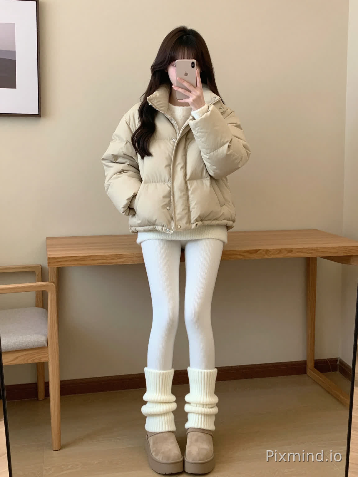 全身人像直拍,韩系温柔甜妹东亚少女,极致纤细修长漫画大长腿,冷白细腻通透白皮,身材纤细,柔顺深棕黑长直长发,齐刘海,右手插兜站姿,左手拿着新款苹果17手机挡脸自拍。
穿搭:浅卡其色短款连帽牛角扣宽松面包羽绒服棉服,立领设计,内搭白色羊羔毛毛绒下摆打底衣,纯白色竖向坑条紧身连裤打底裤,奶白色超长堆叠款阔腿针织堆堆袜套,浅奶茶色厚底增高雪地靴。
场景构图:酒店室内环境,背景是浅米色纯色墙面、木质书桌、浅木框休闲椅子、墙面装饰挂画,画面干净温馨简约,竖版全身人像,人物居中正面全身构图。
光影画质:室内柔和暖调自然光,均匀温柔漫射柔光,无生硬强烈阴影,高清写实真人实拍照片,韩系冬日慵懒软妹风,秋冬日常穿搭氛围感,皮肤质感细腻真实,服饰面料蓬松肌理细节清晰,8k超高清,低饱和暖调柔和干净色调,原生相机实拍质感