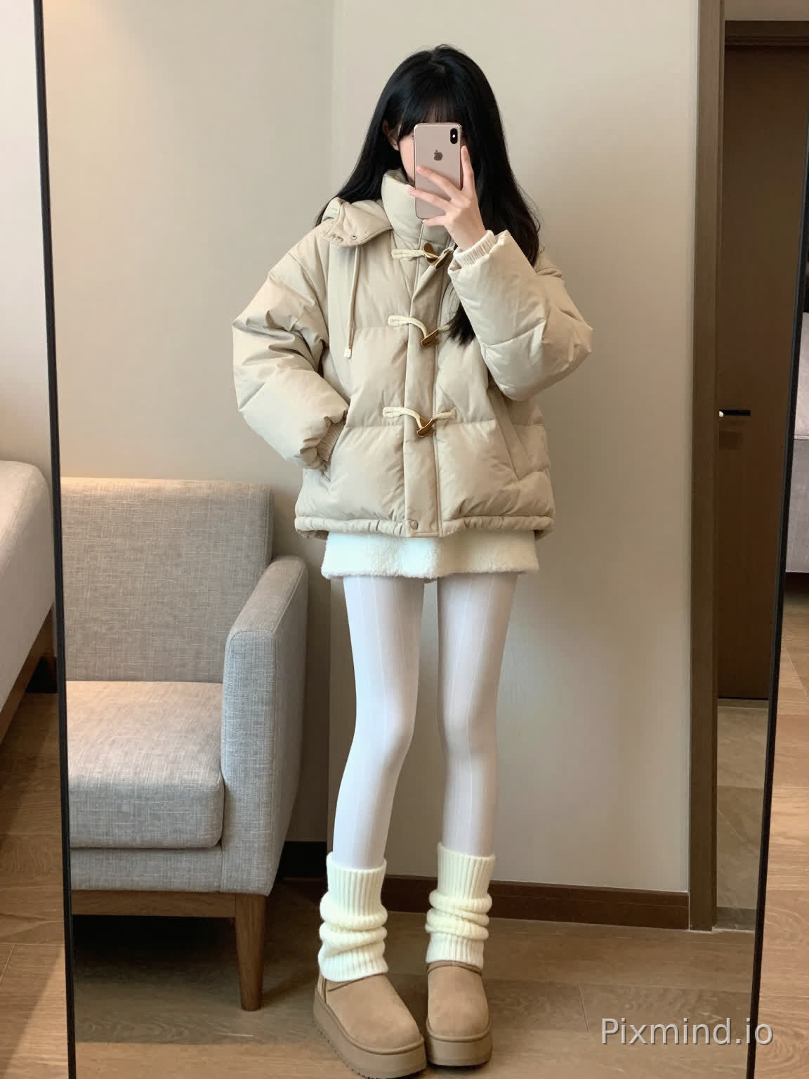 韩系温柔甜妹对镜自拍,左手掐腰,右手拿着苹果手机挡脸自拍,纤细超长漫画腿,冷白皮,黑长直齐刘海。浅卡其色牛角扣连帽短款面包羽绒服,内搭白色毛绒下摆打底,白色竖坑条紧身连裤袜,奶白色堆叠针织袜套,奶茶色厚底雪地靴。酒店室内温馨背景,柔和暖光,高清写实真人照片,冬日慵懒氛围感,8k高清画质
