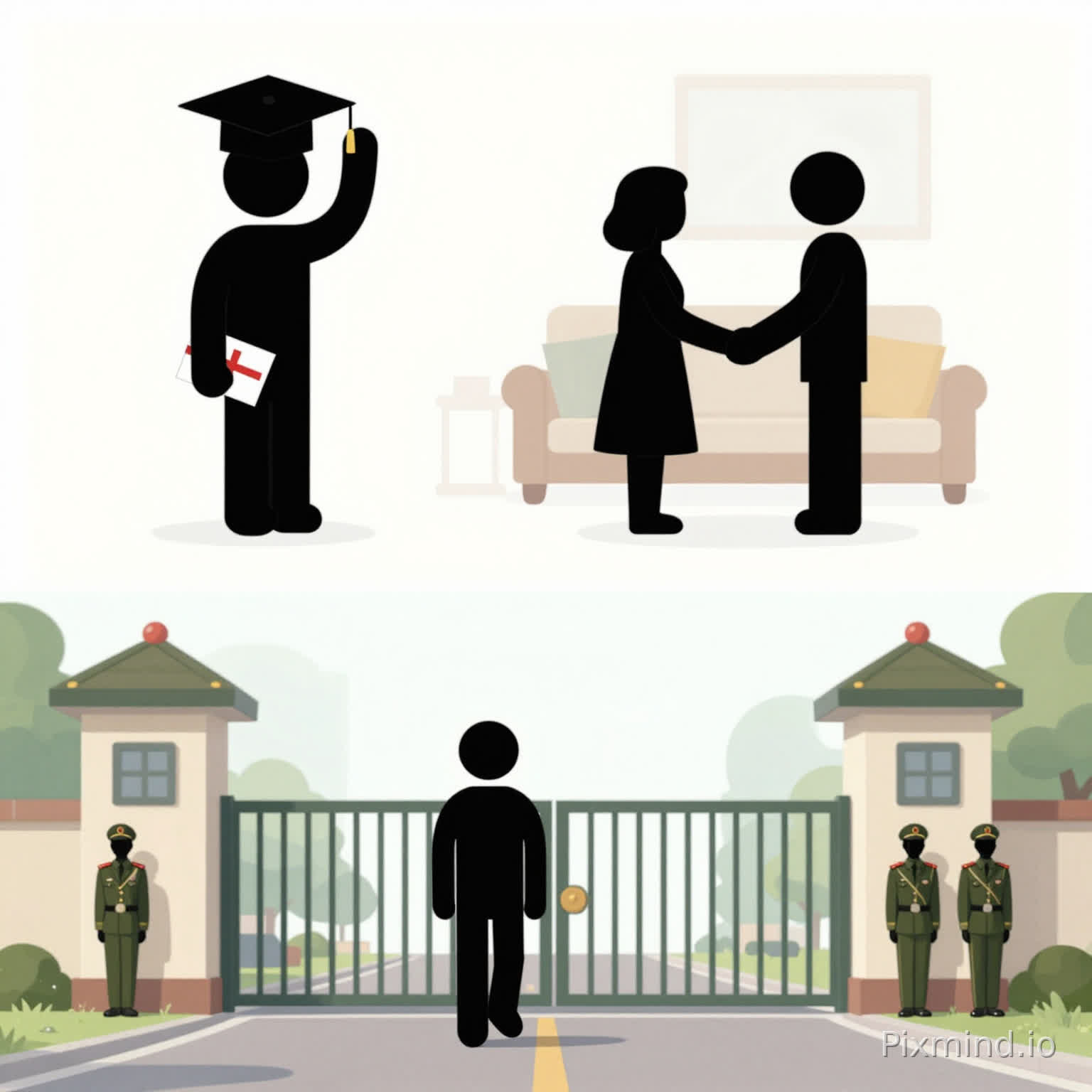 A minimalist black human pictogram character (simple solid silhouette, no facial features) on a clean background.
Scene 1: The character receives a graduation cap and puts it on, holding a diploma, soft lighting, emotional tone.
Scene 2: Transition to a simple home setting, the character stands with two other pictogram figures representing mother and father, they share a farewell gesture (hug or handshake), emotional moment.
Scene 3: The character walks away with determination.
Scene 4: Final scene shows a military base entrance with a gate, two guard towers, and two sentinel soldiers standing still. The character approaches the gate.
Style: flat design, smooth animation, cinematic transitions, soft lighting, inspirational mood.
Duration: 12 seconds.