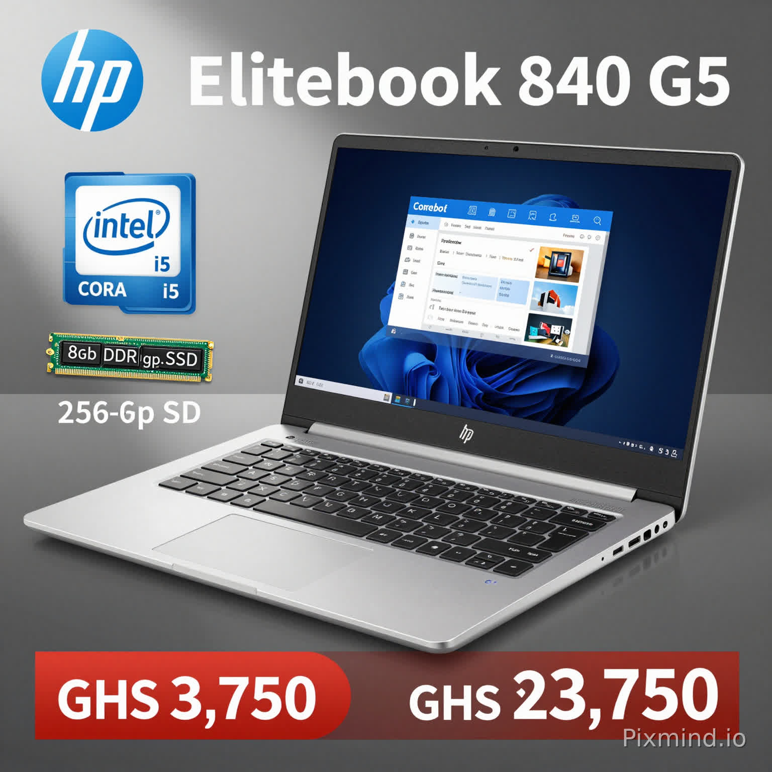 design an ad for me. we are selling HP Elitebook 840 G5. It's intel core i5, 8gb DDR4 Ram, 256gb SSD, fingerprint senor, keyboard backlight, Touchscreen, Face ID, Price is GHS 3,750. only english language please