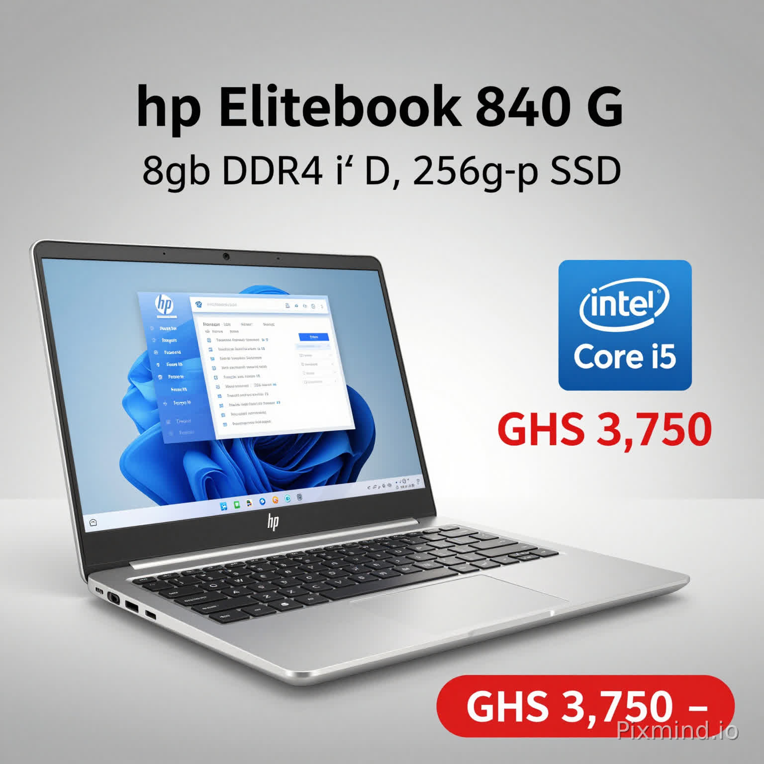 design an ad for me. we are selling HP Elitebook 840 G5. It's intel core i5, 8gb DDR4 Ram, 256gb SSD, fingerprint senor, keyboard backlight, Touchscreen, Face ID, Old Price was 4,OOO, New price is GHS 3,750. only english language please