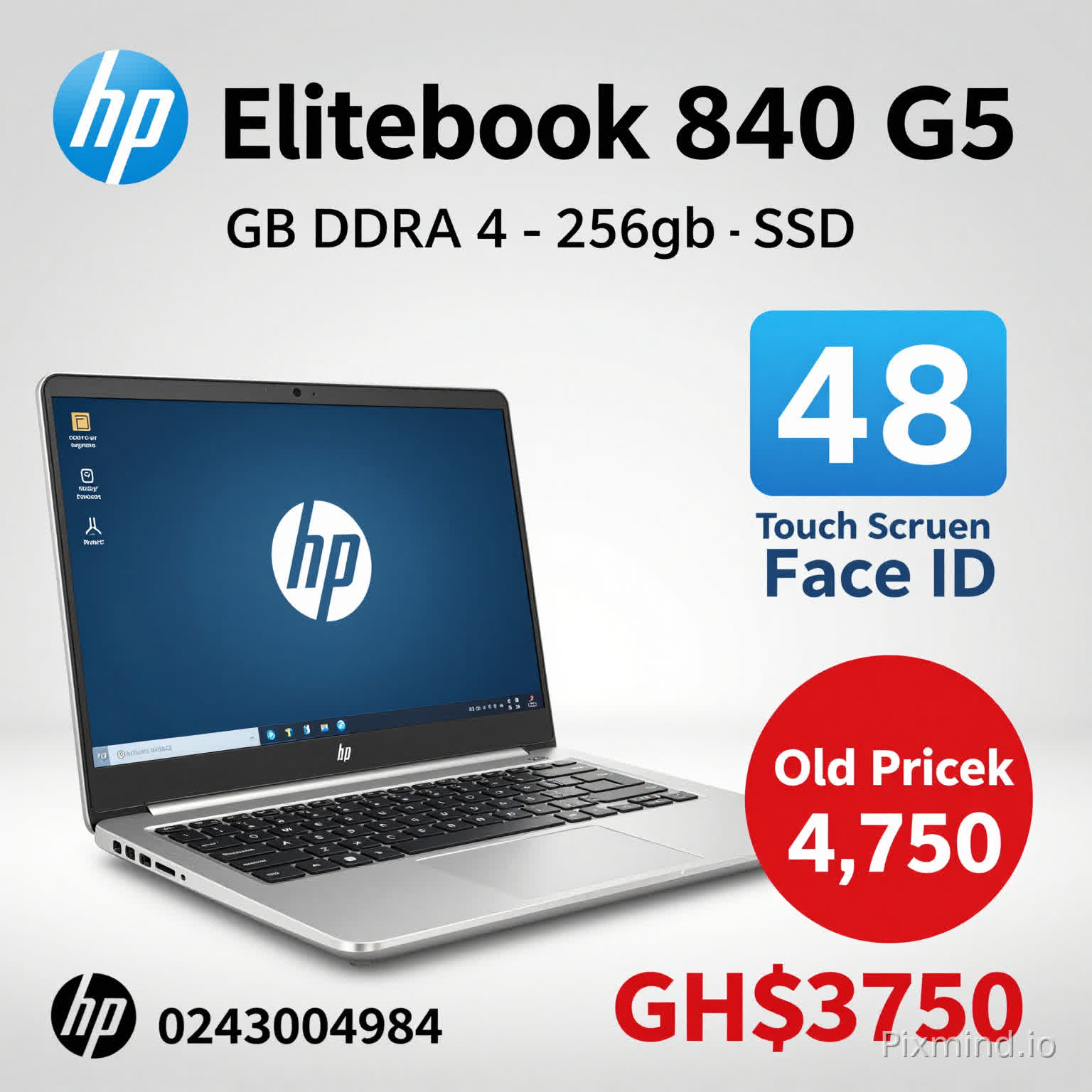 design an ad for me. we are selling HP Elitebook 840 G5. It's intel core i5, 8gb DDR4 Ram, 256gb SSD, fingerprint senor, keyboard backlight, Touchscreen, Face ID, Old Price was 4,OOO, New price is GHS 3,750. only english language please. Contact 0243004984