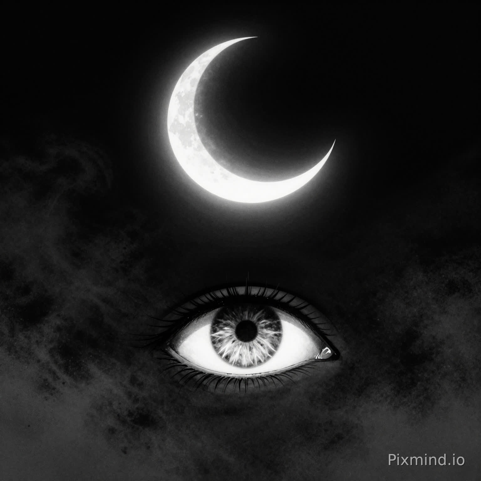 Scene 1 — Opening omen
Scene goal
Set the tone: moon, eye, mystery, divine presence.
Prompt
A pitch-black void with faint drifting grain and ash. A thin glowing crescent moon appears in the darkness above a single divine eye opening slowly below it. The eye is calm, ancient, luminous, and slightly feline in shape, emerging from shadow. Sacred, foreboding, mythic black-and-white manga atmosphere.
Motion
Moon glow pulses softly, eye opens slowly, particles drift.
Camera
Slow push-in.
Duration
4–5 seconds