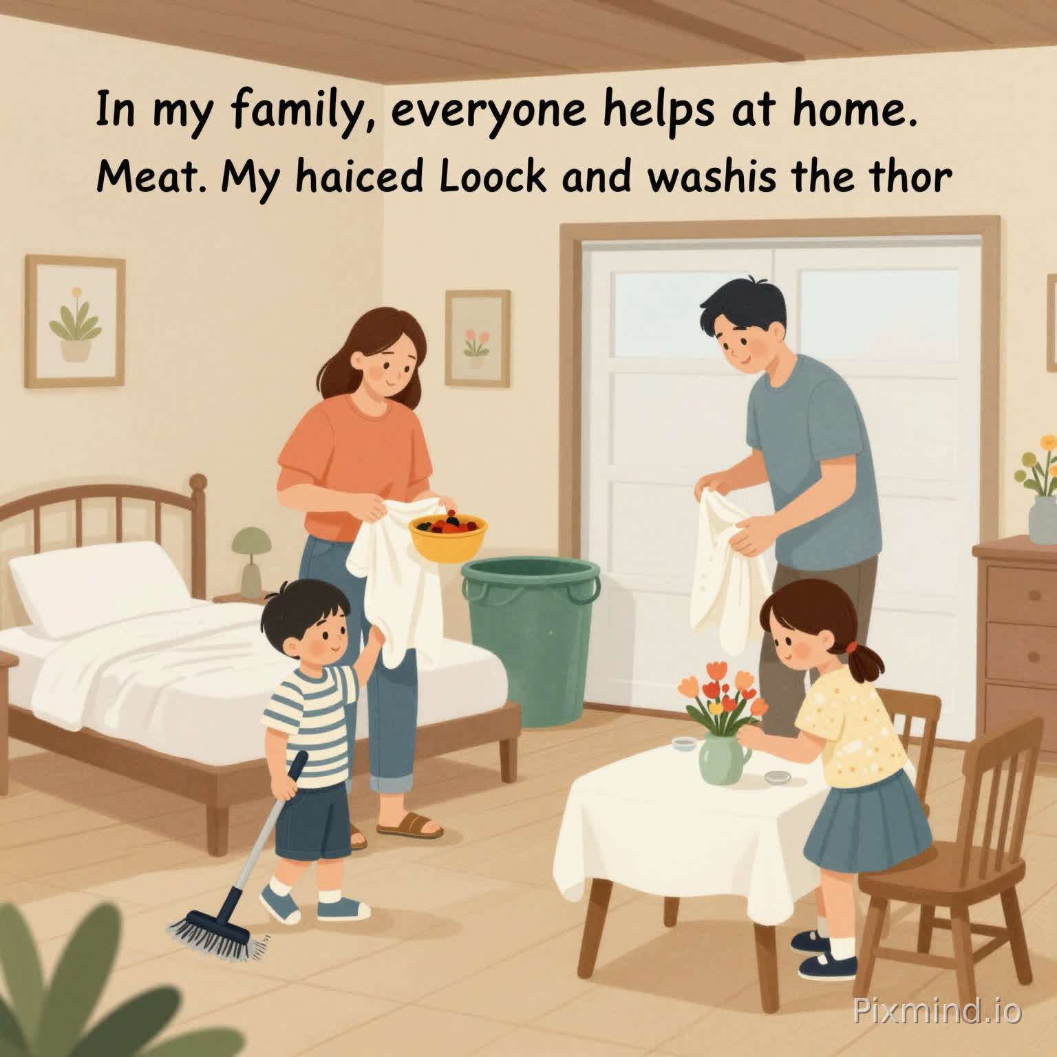 create a image of a family about the next sentence: In my family, everyone helps at home. My mom cooks lunch and washes the clothes. My dad cleans the garage and takes out the trash. My brother makes his bed and sweeps the floor. I help by watering the flowers and setting the table. We all work together.