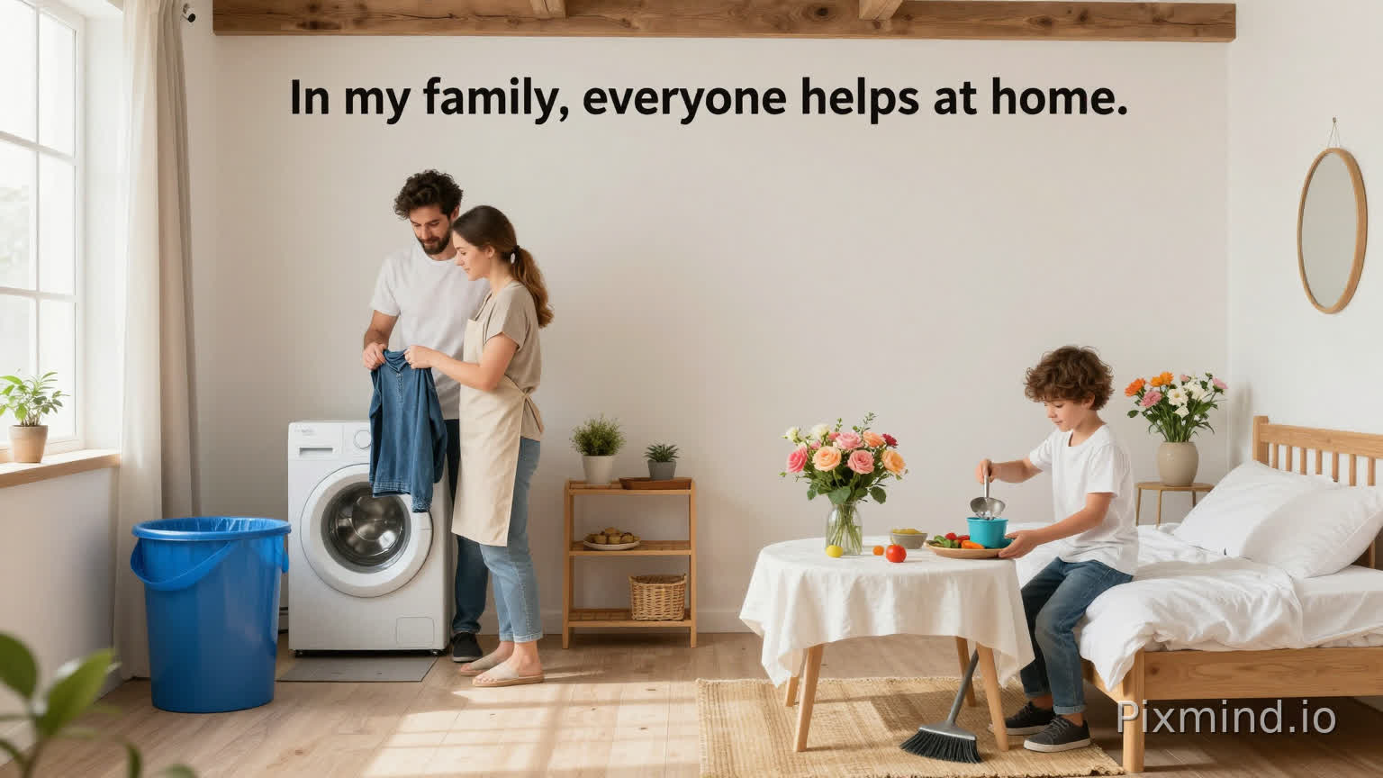 create a image of a family about the next sentence: In my family, everyone helps at home. My mom cooks lunch and washes the clothes. My dad cleans the garage and takes out the trash. My brother makes his bed and sweeps the floor. I help by watering the flowers and setting the table. We all work together.