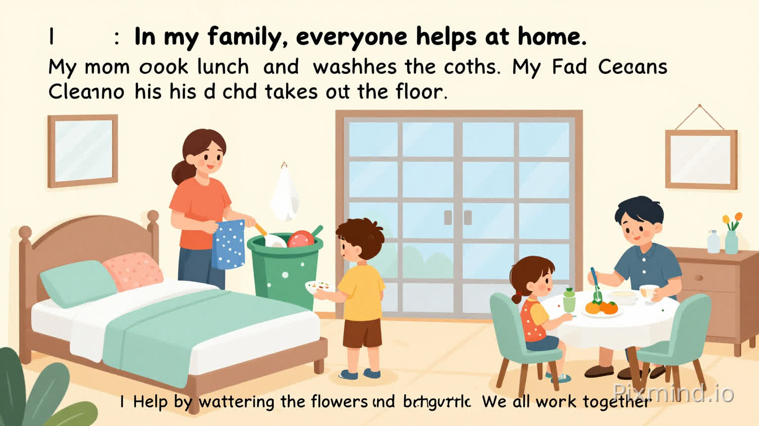 create a image with the actions of all members of family doning in the house, in the same house about the next text: In my family, everyone helps at home. My mom cooks lunch and washes the clothes. My dad cleans the garage and takes out the trash. My brother makes his bed and sweeps the floor. I help by watering the flowers and setting the table. We all work together.