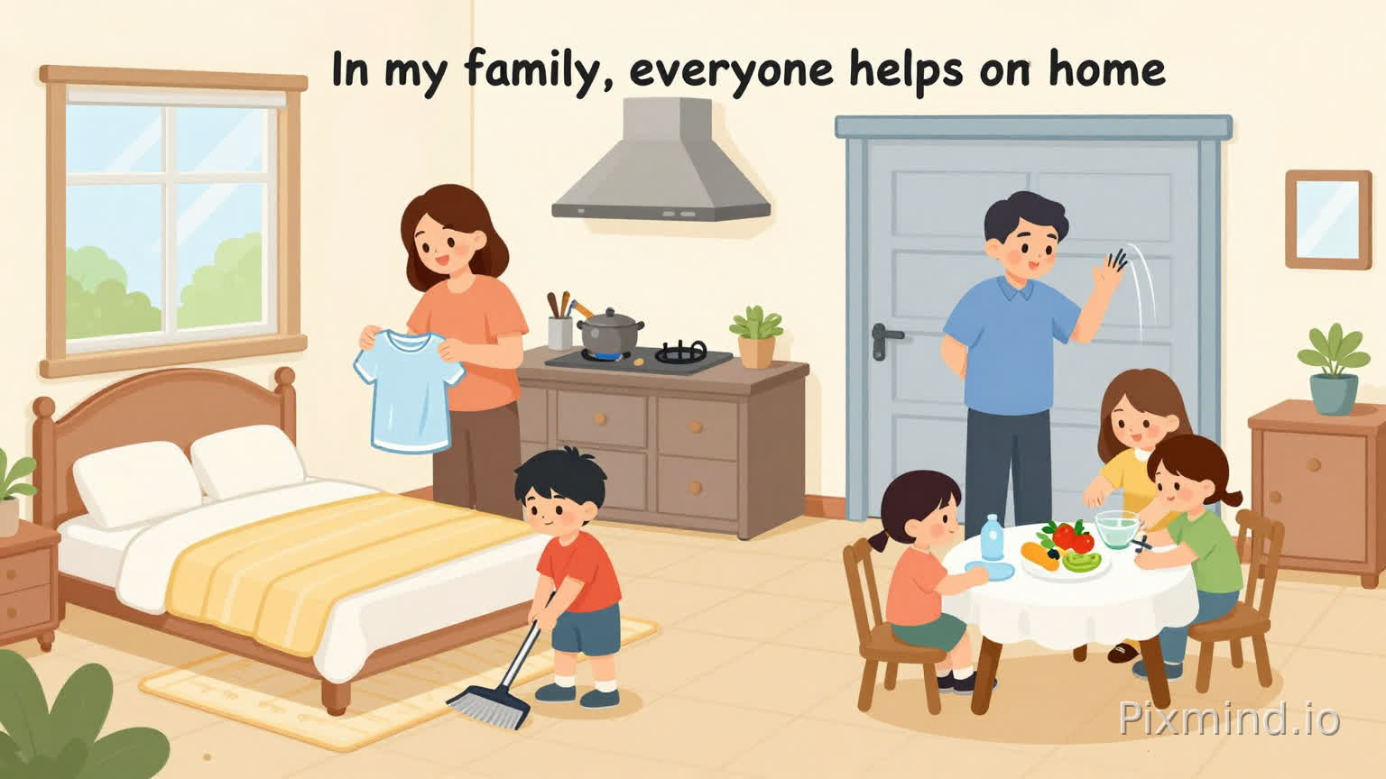 create a image with the actions of all members of family doning in the house, in the same house about the next text: In my family, everyone helps at home. My mom cooks lunch and washes the clothes. My dad cleans the garage and takes out the trash. My brother makes his bed and sweeps the floor. I help by watering the flowers and setting the table. We all work together. dont use letters in the image