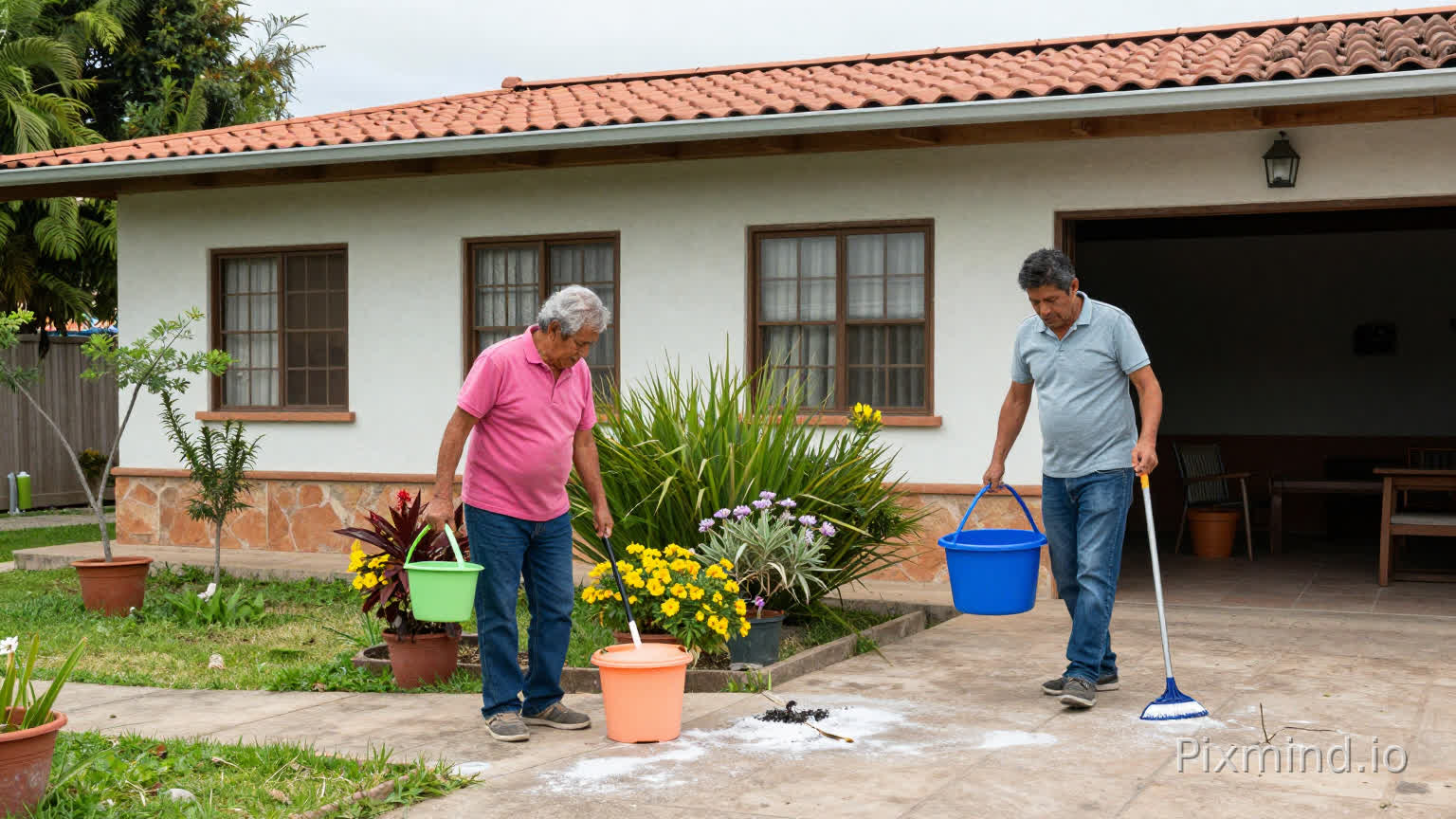 mi madre de 50 años cocina, mi padre de 50 años está limpiando el garage, mi hermano de 25 años está trapeando el piso y yo hombre de 20 años está regando las plantas del jardin, vivimos en una casa latinoamericana