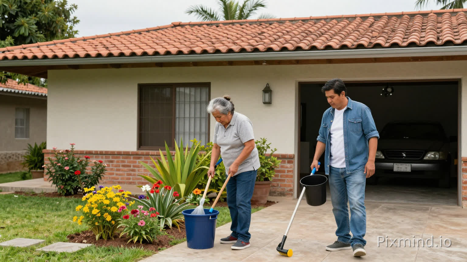 mi madre de 50 años cocina, mi padre de 50 años está limpiando el garage, mi hermano de 25 años está trapeando el piso y yo hombre de 20 años está regando las plantas del jardin, vivimos en una casa latinoamericana, deben salir todos los miembros de la casa en la imagen