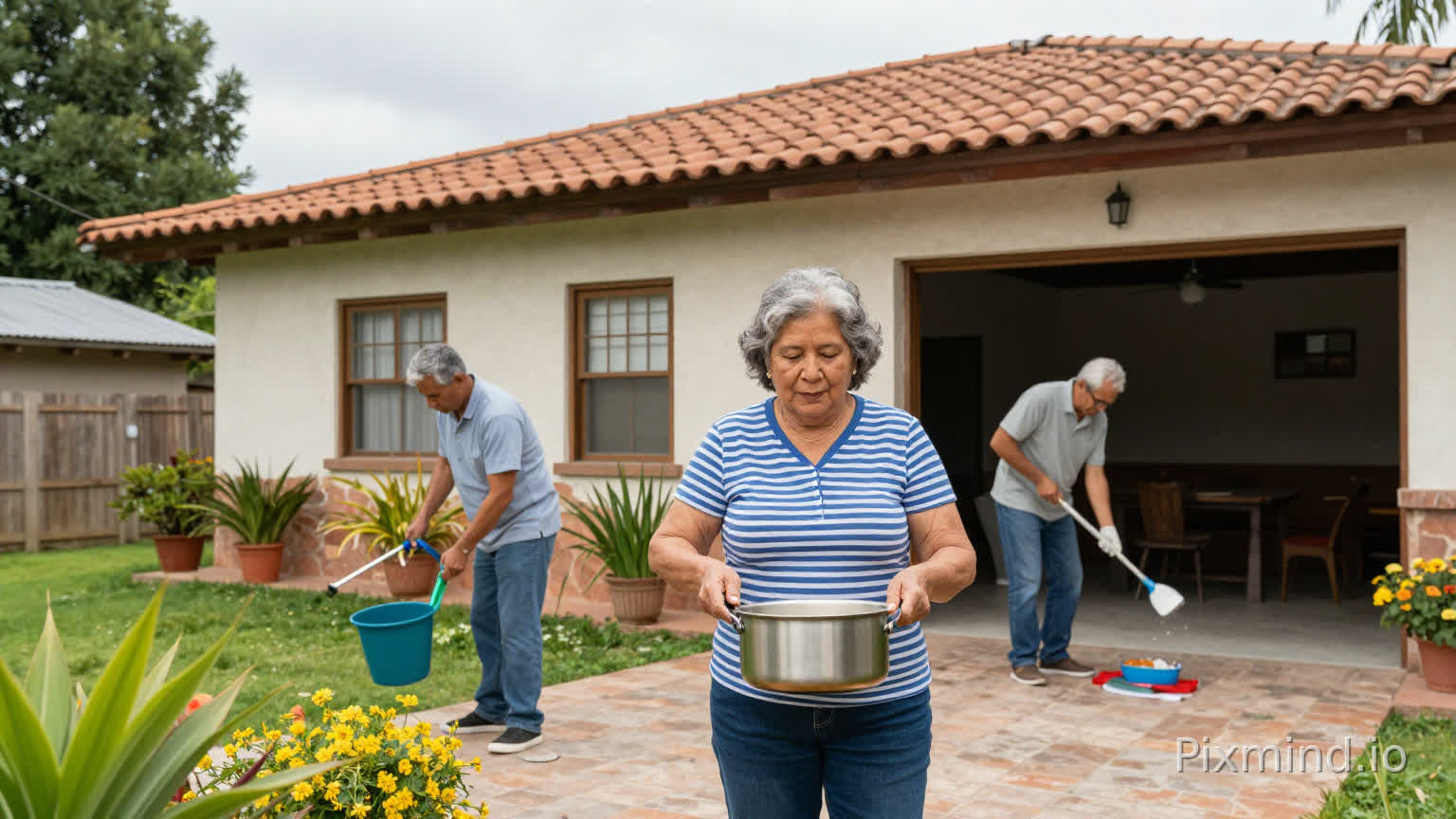 crea una imagen con mi madre de 50 años que está cocinando, mi padre de 50 años está limpiando el garage, mi hermano de 25 años está trapeando el piso y yo hombre de 20 años está regando las plantas del jardin, vivimos en una casa latinoamericana, deben salir todos los miembros de la casa en la imagen