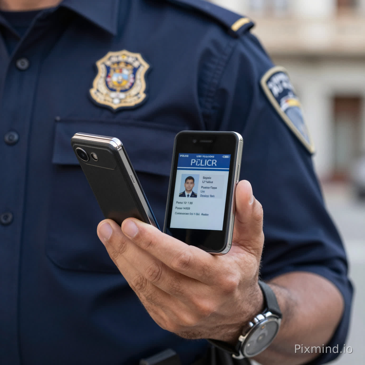 Ultra realistic scene of a Spanish police officer holding a foldable identification device (similar to Samsung Galaxy Z Flip form factor) partially open.
The exterior badge is visible, metallic and official. The inside screen shows the digital police ID.
The officer’s hand is firm, professional, wearing part of a uniform (dark navy sleeve). Background slightly blurred urban environment.
Focus on realism, authority, and functionality. Lighting natural but cinematic. The device looks like an official government-issued tool, not a consumer smartphone.