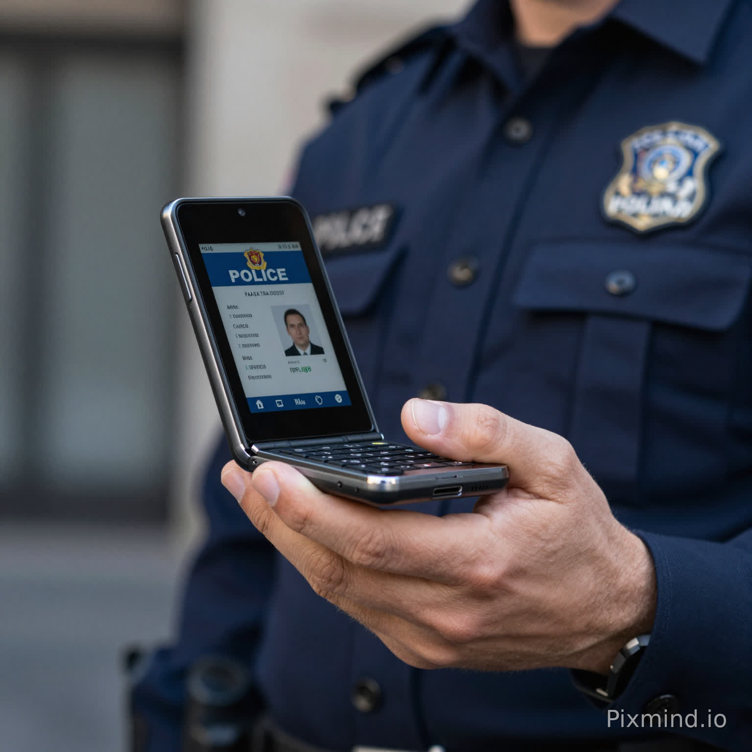 Ultra realistic scene of a Spanish police officer holding a foldable identification device (similar to Samsung Galaxy Z Flip form factor) partially open.
The exterior badge is visible, metallic and official. The inside screen shows the digital police ID.
The officer’s hand is firm, professional, wearing part of a uniform (dark navy sleeve). Background slightly blurred urban environment.
Focus on realism, authority, and functionality. Lighting natural but cinematic. The device looks like an official government-issued tool, not a consumer smartphone.
