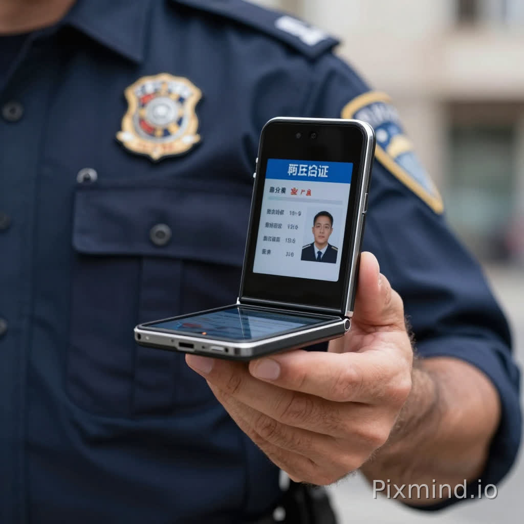 Ultra realistic scene of a Spanish police officer holding a foldable identification device (similar to Samsung Galaxy Z Flip form factor) partially open.
The exterior badge is visible, metallic and official. The inside screen shows the digital police ID.
The officer’s hand is firm, professional, wearing part of a uniform (dark navy sleeve). Background slightly blurred urban environment.
Focus on realism, authority, and functionality. Lighting natural but cinematic. The device looks like an official government-issued tool, not a consumer smartphone.