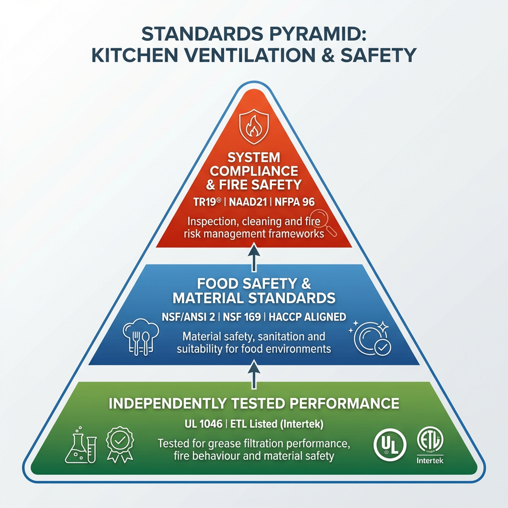 generate an infographic of a standards pyramid. the top third of the pyramid should be titled 'SYSTEM COMPLIANCE & FIRE SAFETY' and have the following supporting text 'TR19® | NAAD21 | NFPA 96
Inspection, cleaning and fire risk management frameworks' The middle third should be titled 'FOOD SAFETY & MATERIAL STANDARDS' and have the following supporting text 'NSF/ANSI 2 | NSF 169 | HACCP ALIGNED
Material safety, sanitation and suitability for food environments ' The bottom third should be titled 'INDEPENDENTLY TESTED PERFORMANCE' and have the following supporting text 'UL 1046 | ETL Listed (Intertek)
Tested for grease filtration performance, fire behaviour and material safety'
