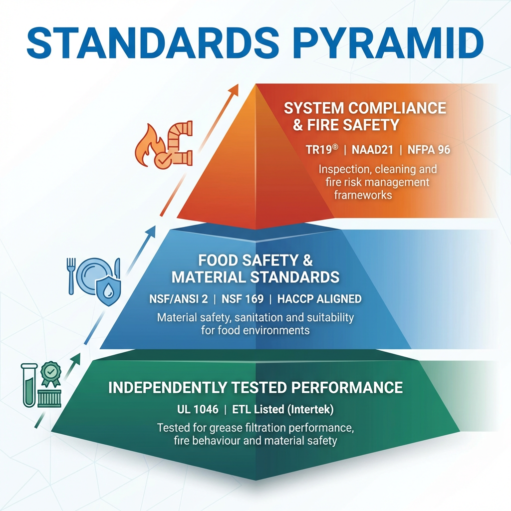 generate an infographic of a standards pyramid. the top third of the pyramid should be titled 'SYSTEM COMPLIANCE & FIRE SAFETY' and have the following supporting text 'TR19® | NAAD21 | NFPA 96 Inspection, cleaning and fire risk management frameworks' The middle third should be titled 'FOOD SAFETY & MATERIAL STANDARDS' and have the following supporting text 'NSF/ANSI 2 | NSF 169 | HACCP ALIGNED
Material safety, sanitation and suitability for food environments ' The bottom third should be titled 'INDEPENDENTLY TESTED PERFORMANCE' and have the following supporting text 'UL 1046 | ETL Listed (Intertek)
Tested for grease filtration performance, fire behaviour and material safety'
