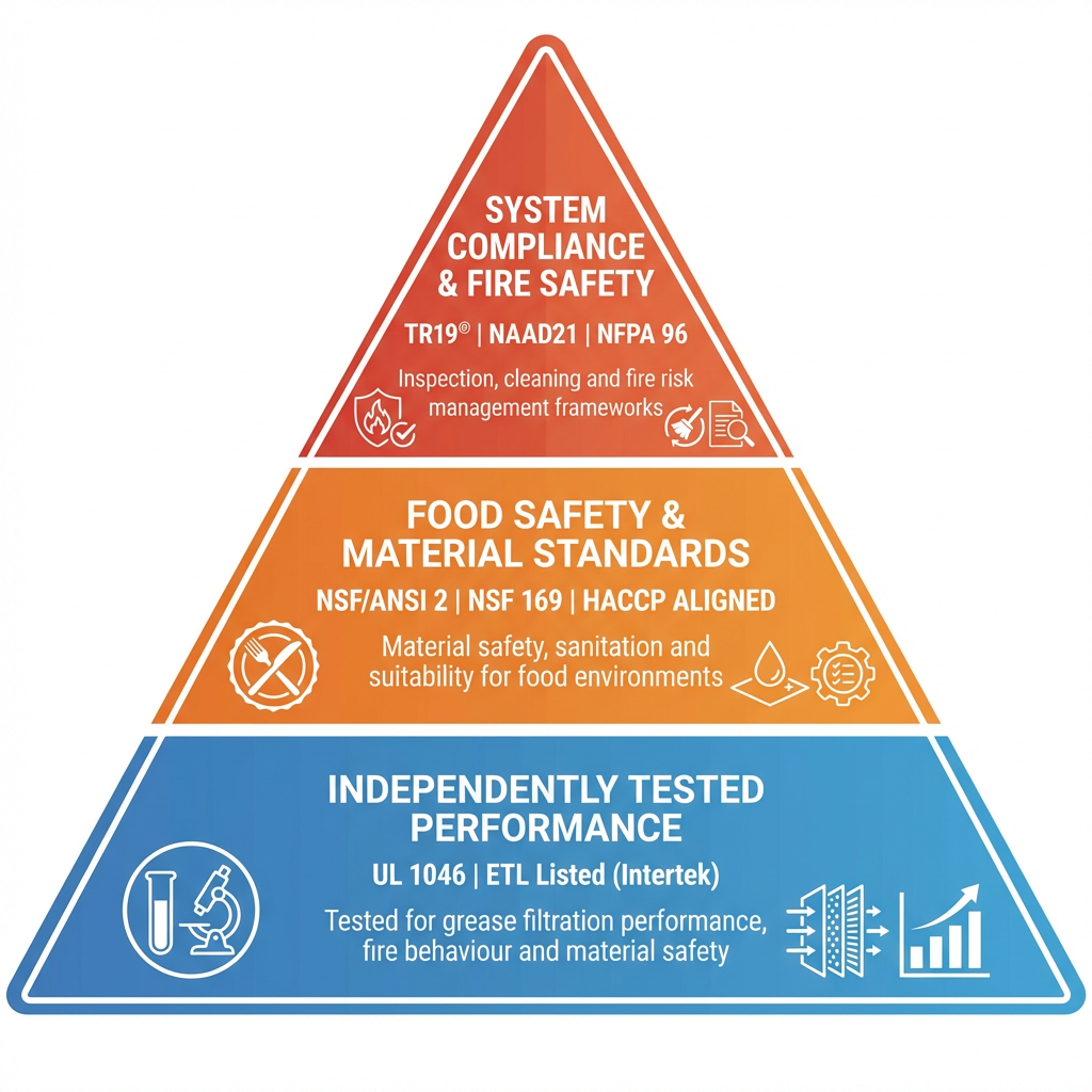 generate an infographic of a standards pyramid. the top third of the pyramid should be titled 'SYSTEM COMPLIANCE & FIRE SAFETY' and have the following supporting text 'TR19® | NAAD21 | NFPA 96
Inspection, cleaning and fire risk management frameworks'
The middle third should be titled 'FOOD SAFETY & MATERIAL STANDARDS' and have the following supporting text 'NSF/ANSI 2 | NSF 169 | HACCP ALIGNED
Material safety, sanitation and suitability for food environments '
The bottom third should be titled 'INDEPENDENTLY TESTED PERFORMANCE' and have the following supporting text 'UL 1046 | ETL Listed (Intertek)
Tested for grease filtration performance, fire behaviour and material safety'
Do not give the pyramid a title. The pyramid should be flat, not 3d. add appropriate icons to each section