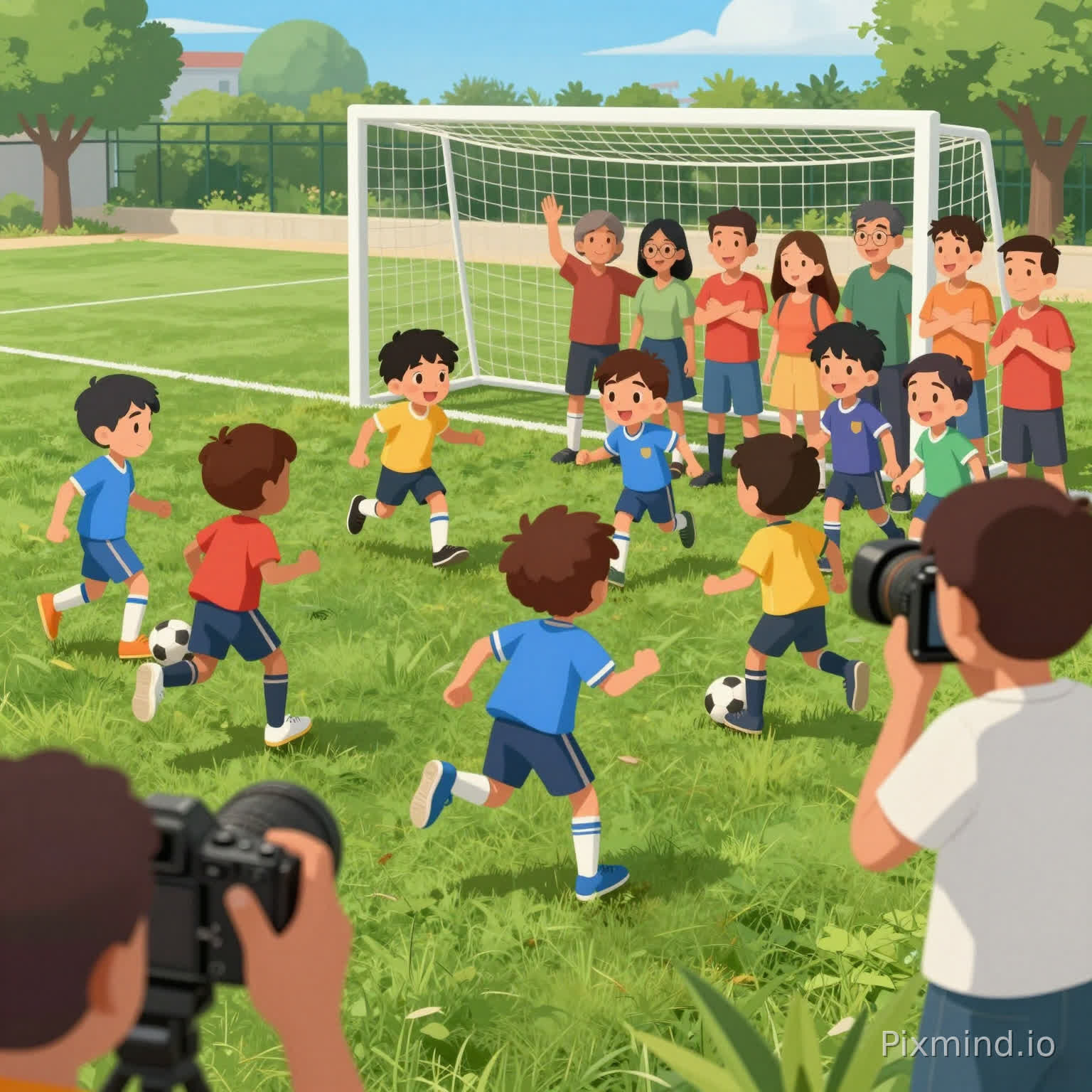 Crie uma animação infantil num vídeo de 15 segundos onde um time titular infantil de futebol se desloca correndo de encontro à uma trave de gol em um campo de futebol e depois se viram e posam para uma foto comemorativa com um fotógrafo que não aparece na cena.