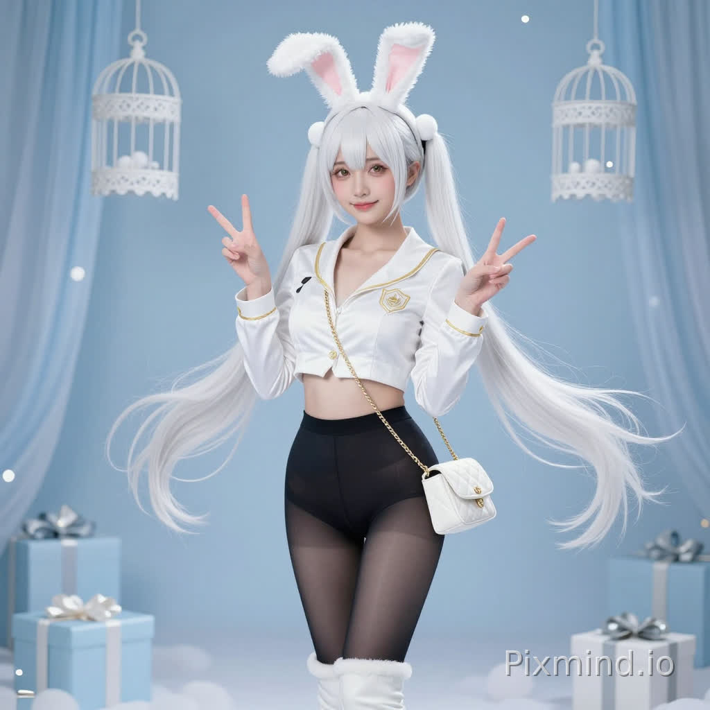 This is a detailed prompt adapted for mainstream AI painting models (Midjourney, Stable Diffusion, etc.), divided into positive prompts and negative prompts for avoiding generation errors:
---
### ✅ Positive AI Painting Prompt
`masterpiece, best quality, 8k, ultra high resolution, ultra detailed, realistic cosplay photograph, 1 young beautiful east asian girl, solo, extremely long pure white twin ponytails, blunt bangs, white rabbit-ear hair accessory with pompom decorations, light golden bright eyes, delicate facial features, soft pink makeup, sweet smile, looking at camera, both hands doing V (peace) gesture, slim figure, perfect curvy body, open cropped white jacket with gold edge trim, embroidered badge on chest, no inner wear, high-waisted black sheer pantyhose, white over-the-knee boots with fluffy white fur trim, white quilted crossbody bag with gold chain, dreamy light blue background, hanging white decorative birdcages, sheer light blue curtain, scattered gift boxes, soft bokeh light spots, soft cool tone lighting, shallow depth of field, dreamy romantic atmosphere, professional portrait photography`
---
### ❌ Negative Prompt (used to eliminate errors from AI generation)
`low quality, blurry, out of focus, bad anatomy, extra limbs, distorted fingers, deformed body, ugly, grainy, low resolution, messy background, wrong proportion, watermark, text`