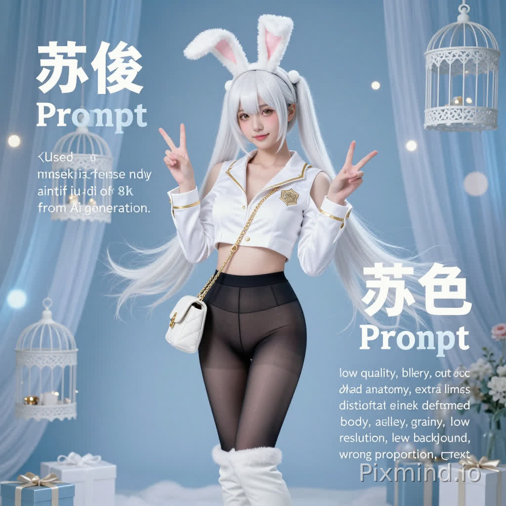 This is a detailed prompt adapted for mainstream AI painting models (Midjourney, Stable Diffusion, etc.), divided into positive prompts and negative prompts for avoiding generation errors:
---
### ✅ Positive AI Painting Prompt
`masterpiece, best quality, 8k, ultra high resolution, ultra detailed, realistic cosplay photograph, 1 young beautiful east asian girl, solo, extremely long pure white twin ponytails, blunt bangs, white rabbit-ear hair accessory with pompom decorations, light golden bright eyes, delicate facial features, soft pink makeup, sweet smile, looking at camera, both hands doing V (peace) gesture, slim figure, perfect curvy body, open cropped white jacket with gold edge trim, embroidered badge on chest, no inner wear, high-waisted black sheer pantyhose, white over-the-knee boots with fluffy white fur trim, white quilted crossbody bag with gold chain, dreamy light blue background, hanging white decorative birdcages, sheer light blue curtain, scattered gift boxes, soft bokeh light spots, soft cool tone lighting, shallow depth of field, dreamy romantic atmosphere, professional portrait photography`
---
### ❌ Negative Prompt (used to eliminate errors from AI generation)
`low quality, blurry, out of focus, bad anatomy, extra limbs, distorted fingers, deformed body, ugly, grainy, low resolution, messy background, wrong proportion, watermark, text`