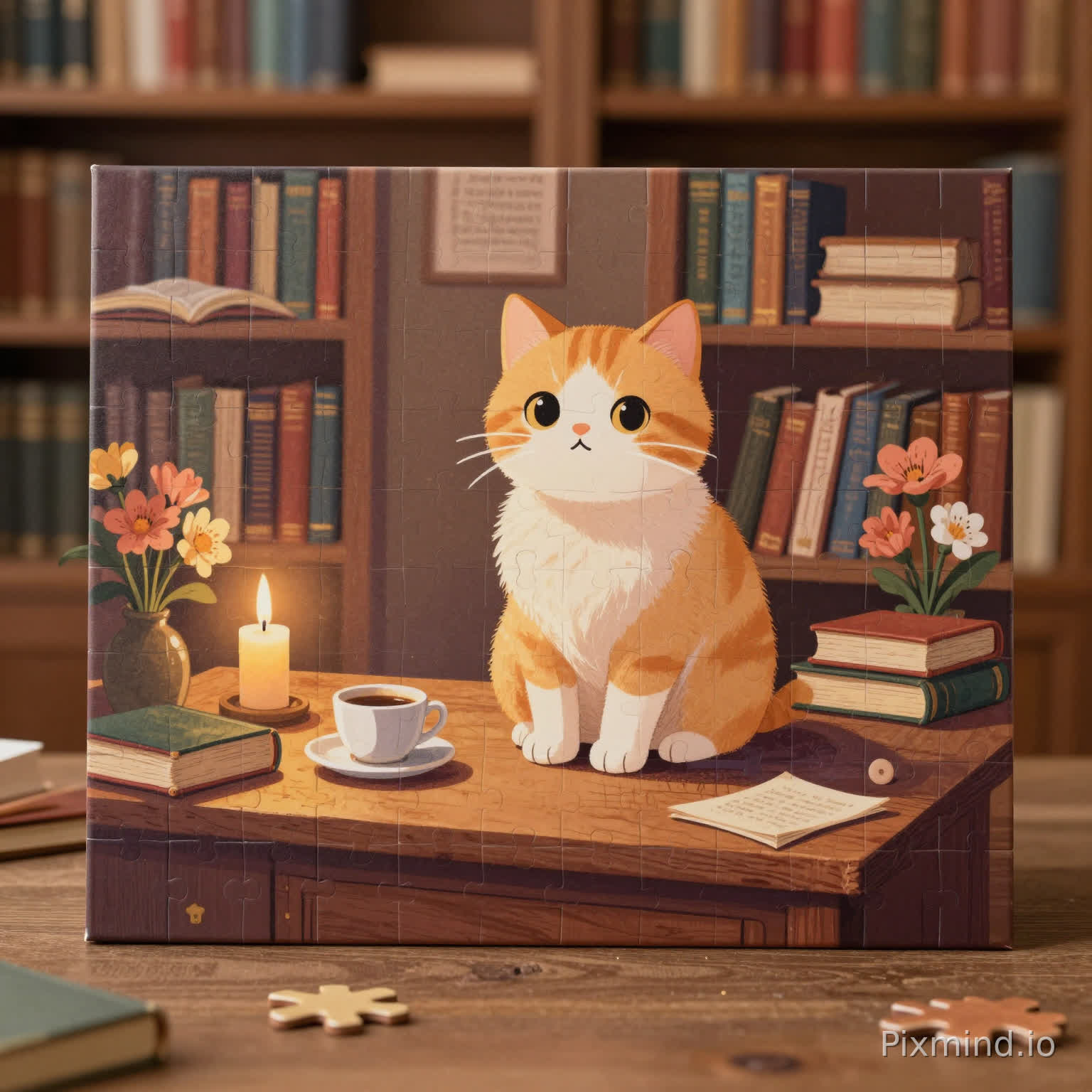 A premium 1000-piece jigsaw puzzle artwork in a cozy warm illustration style, featuring a cute cat sitting on a wooden desk in a vintage library as the main subject.
The cat is centered, warmly lit, surrounded by books, candles, coffee, and flowers.
Background is a softly lit bookshelf environment.