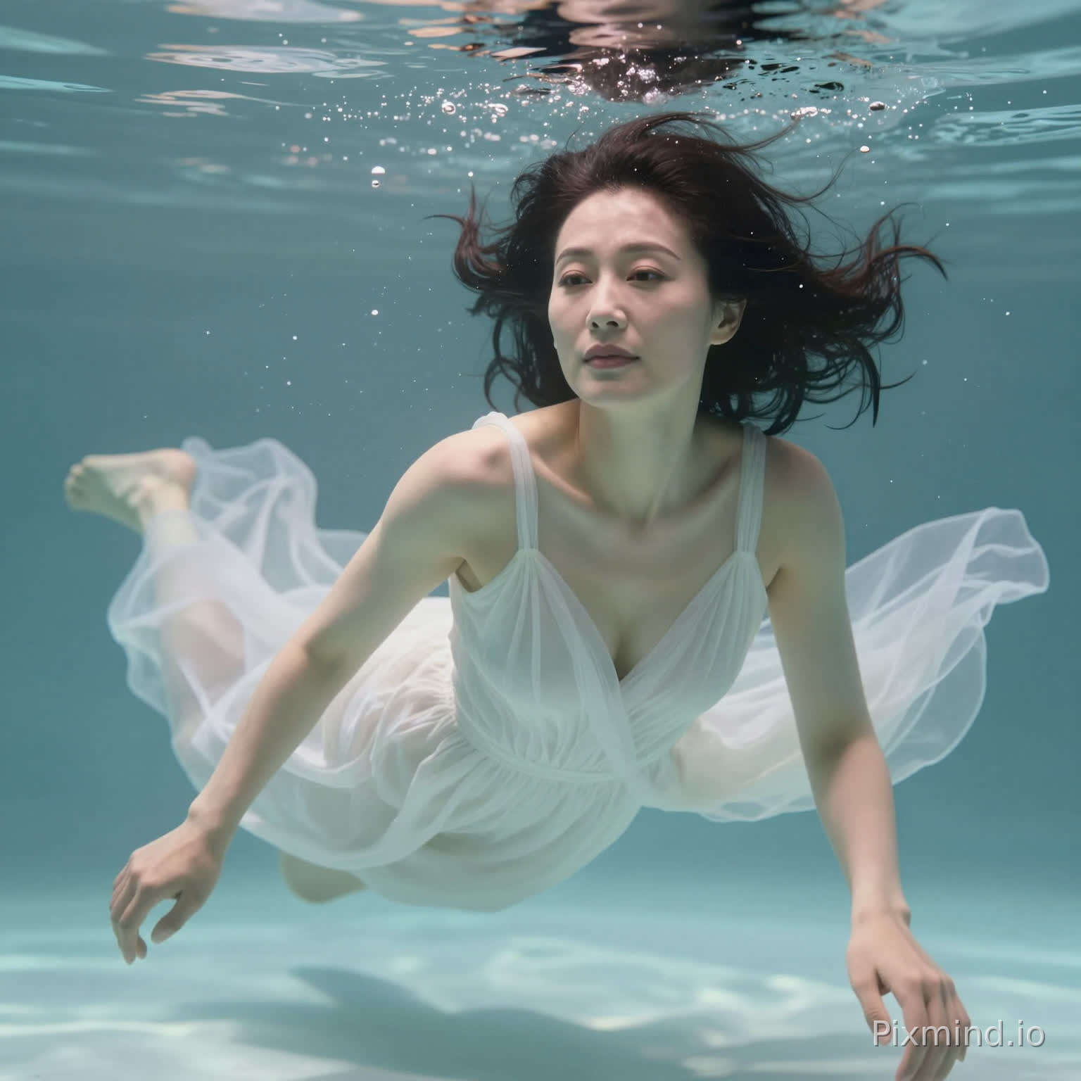 Generate a set of boudoir photos, 10 variations.
Realistic underwater boudoir photography, clear glassy texture, 30-year-old Chinese mature model, smooth and delicate skin, elegant and calm expression, soft wet hair floating naturally, slender and graceful body lines. Wearing a flowing light white tulle dress, floating gently in shallow pool water, soft diffused underwater light, transparent clear water, tiny air bubbles, quiet and ethereal atmosphere, clean bright tones, cinematic texture, ultra-detailed 8K, sharp focus, shallow depth of field, natural bokeh, 9:16 vertical aspect ratio.
Negative Prompt: cartoon, anime, 3d render, illustration, painting, deformed face, distorted features, malformed hands, extra fingers, missing fingers, blurry, low resolution, rough skin, blemishes, watermark, text, logo, stiff posture, bad anatomy, multiple people, harsh colors, oversaturated, flat image, ugly, doll-like face, distorted limbs.