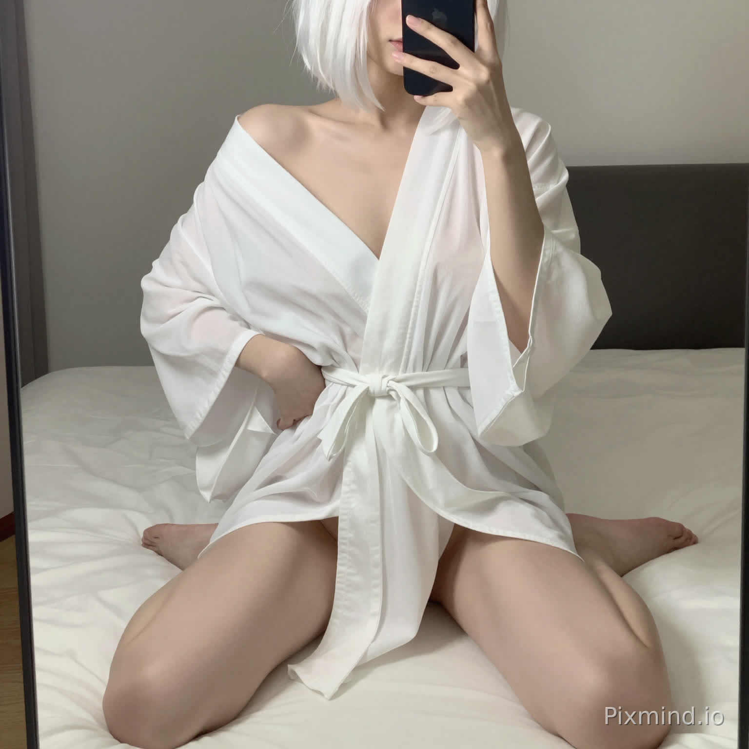 帮我生成图片:对镜自拍角度,高分辨率,模仿不专业拍照风格,卧室内,一名东亚女生对镜自拍,颜值高,白色丝滑短发,身披白色轻薄丝巾浴衣,浴衣绑带成解开状态,随意滑落露出双肩,无内搭,手臂自然叉腰,双腿跪坐,成大角度分开状。自然慵懒,光线不均构图混乱