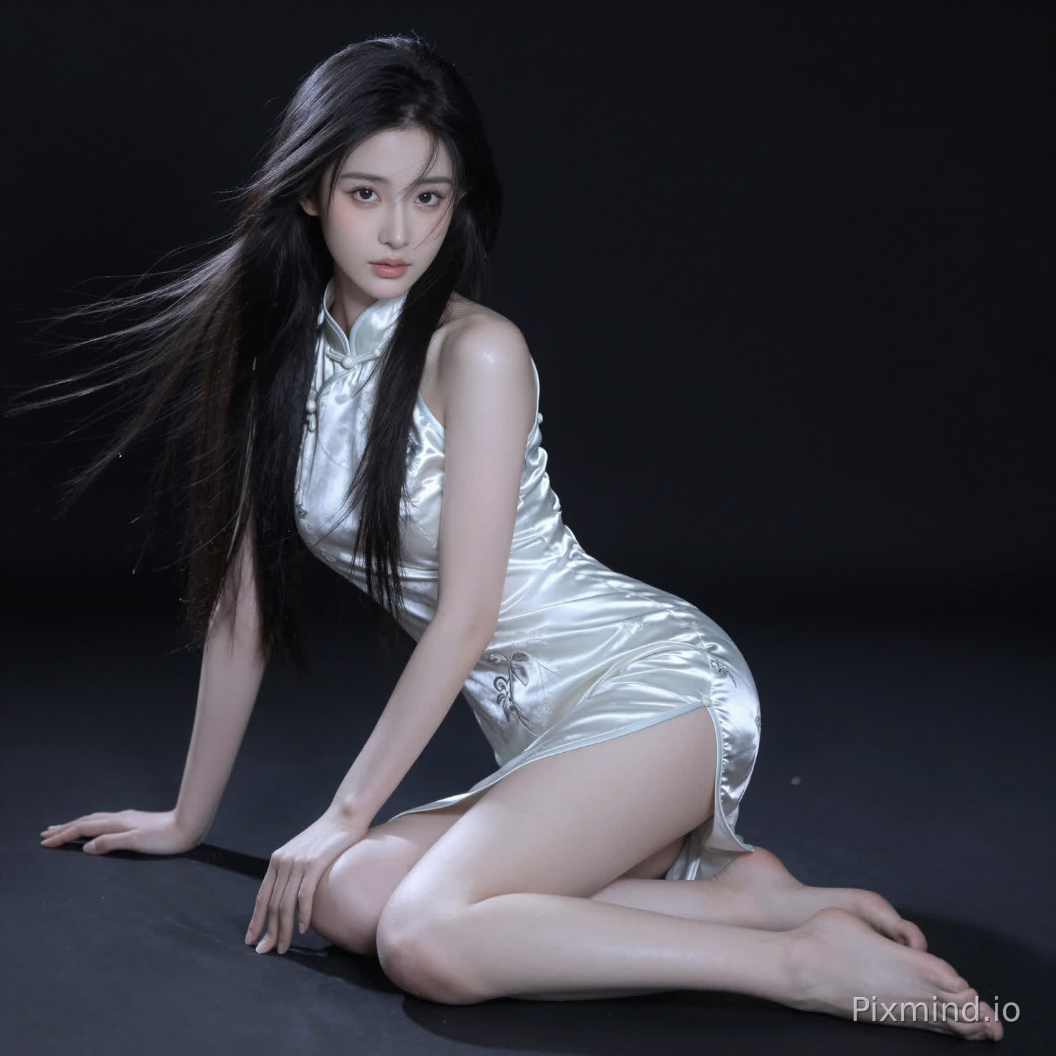 古⻛真⼈写真,绝⾊美⼈拥有⽟⻣冰肌和清澈明亮的秋⽔眼,乌⿊⻓发垂⾄腰间,⼤⻓
腿,⾚脚,裸⾜,漏腿,⾝穿开叉丝绸旗袍,在⿊底背景前展现窈窕⾝姿,采⽤朦胧柔
光与暗部层次对⽐,突出雪⽩肌肤与华服的光泽质感,写实⻛格,真⼈摄影技术,全⾝
构图突显曲线⽐例,超⾼清画质展现刺绣细节和发丝纹理,32K分辨率呈现电影级视觉
效果