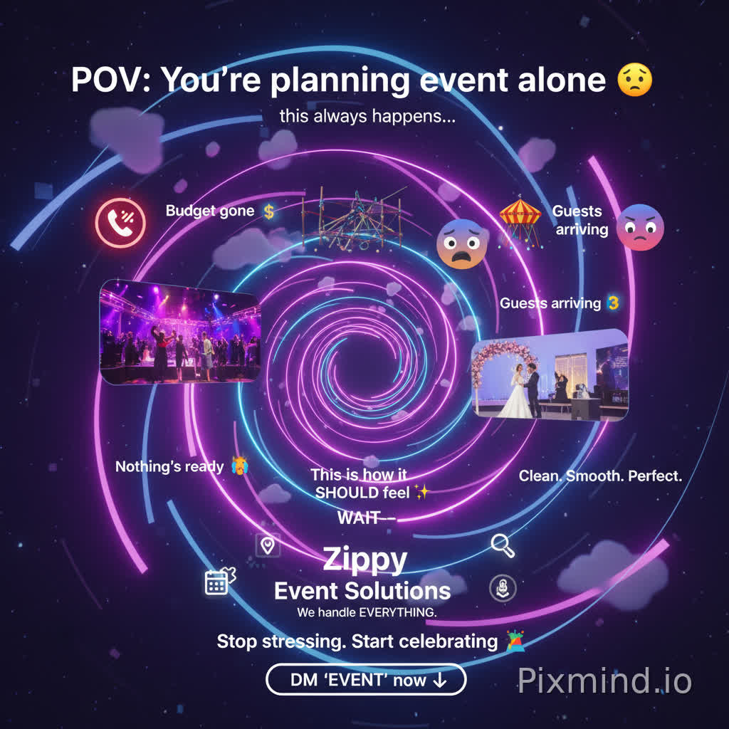 Futuristic neon vortex tunnel spinning in deep space, glowing purple, blue, and pink light trails forming a dynamic spiral. Multiple floating holographic cards orbit around the vortex, each displaying vibrant event scenes: concerts, corporate events, weddings, and tech conferences. Stylized animated characters (diverse, energetic) dancing, networking, celebrating, and interacting with digital interfaces. Smooth cinematic camera movement flying into the vortex. UI-style overlays and motion graphics showing event icons (tickets, calendar, location pins, music, lights). Soft glowing particles, clouds, and abstract shapes drifting through space. In the center, bold glowing text appears: “Zippy Event Solutions” followed by “Plan. Create. Experience.” Transitions show seamless event planning: booking, setup, live event energy, and happy attendees. Clean, modern, high-tech aesthetic with vibrant colors, soft lighting, and fluid motion. Style: futuristic, cinematic, high-energy, digital animation, 3D motion graphics, ultra-smooth transitions, high detail, glossy UI elements. here is the script: Zippy Event Solutions – Viral TikTok Script (15s) 🎧 Audio Style Upbeat Afro/EDM beat (build → drop at 0:05) Add subtle glitch sound at start ⏱️ 0:00 – 0:02 (SCROLL-STOPPING HOOK) Visual: Chaotic vortex + glitchy event clips On-screen caption (BIG + BOLD): “POV: You’re planning an event alone 😩” Micro text (bottom): “this always happens…” ⏱️ 0:02 – 0:05 (RELATABLE PAIN) Visual cuts (fast, 0.5s each): missed call 📵 messy setup 🎪 stressed face 😤 On-screen captions (pop-in style): “Budget gone 💸” “Nothing’s ready 😭” “Guests arriving 😳” ⏱️ 0:05 – 0:06 (PATTERN INTERRUPT / DROP) Visual: HARD beat drop → vortex stabilizes, colors become clean & premium Caption: “WAIT—” ⏱️ 0:06 – 0:10 (SATISFYING TRANSFORMATION) Visual: Smooth floating cards of: lit party 🔥 elegant wedding 💍 corporate event 🎤 On-screen captions (sync with beat): “This is how it SHOULD feel ✨” “Clean. Smooth. Perfect.” ⏱️ 0:10 – 0:13 (SOLUTION DROP) Visual: Brand reveal inside vortex Caption (center): “Zippy Event Solutions” Sub-caption: “We handle EVERYTHING.” ⏱️ 0:13 – 0:15 (CTA – HIGH CONVERSION) Visual: Push forward + button-style overlay Caption (BIG): “Stop stressing. Start celebrating 🎉” CTA text (bottom): “DM ‘EVENT’ now 👇”