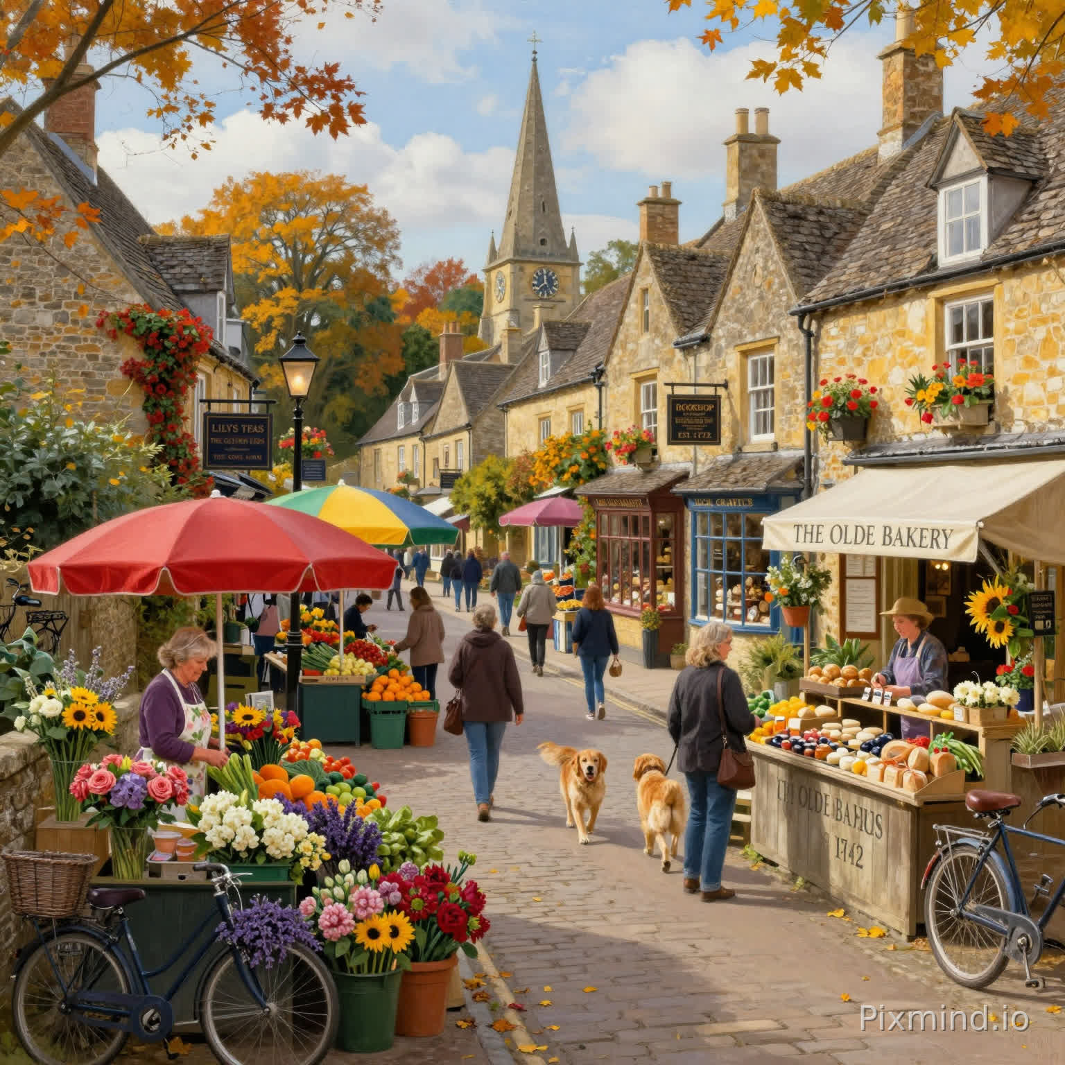 hyper detailed nostalgic oil painting, idyllic open-air autumn market in a classic British Cotswolds village, folk art aesthetic, 8K resolution, sharp details
Scene layout: cobblestone main street, lined with weathered stone cottages and half-timbered traditional old shopfronts, warm golden autumn daylight, trees with colorful orange and yellow fall foliage, ivy climbing on building walls, distant stone clock tower and church spire under soft blue sky with fluffy white clouds
Key elements:
- Foreground left: vibrant colorful fresh flower stall, elderly female vendor in floral apron arranging blooming flowers (roses, hydrangeas, sunflowers, lavender) in bright saturated colors
- Right foreground: "THE OLDE BAKERY EST. 1742" shopfront, smiling female baker behind a display counter full of assorted bread loaves, cakes and pastries, customers browsing the bakery
- Middle ground: multiple fresh produce stalls with colorful vegetables and fruits, shaded by bright red/green/yellow/purple market umbrellas, clearly marked shop signs: "LILY'S TEAS", "THE GOLDEN LION", "BOOKSHOP", "LOCAL CRAFTS", "FRESH PRODUCE", two vintage bicycles parked against a low stone wall on the left, a classic lit black street lamp, blooming flower boxes on all shop windows
- Lively crowd: diverse people of all ages, shoppers walking and browsing stalls, people cycling along the street, a golden retriever walking with pedestrians
Atmosphere & quality: warm cozy nostalgic vibe, picturesque peaceful idyllic village life, rich warm autumn color palette, soft cinematic lighting, perfect wide composition, charming pastoral aesthetic