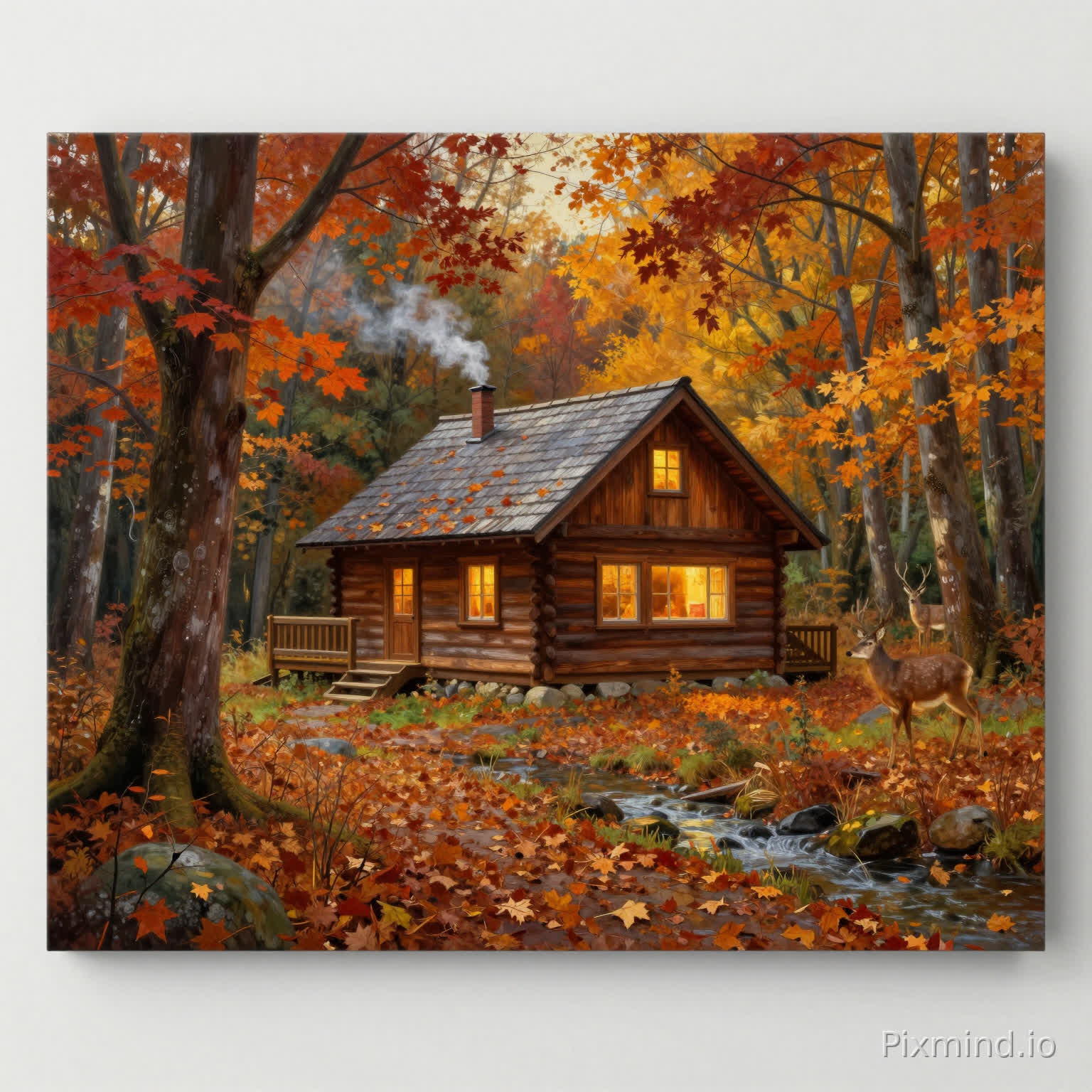A cozy cabin in an autumn forest,
in a realistic oil painting style,
wide-angle composition,
warm golden lighting, rich autumn colors,
featuring detailed elements such as:
trees with red and orange leaves,
a wooden cabin with glowing windows,
fallen leaves covering the ground,
a small stream nearby,
a deer standing in the distance,
smoke rising from chimney,
ultra high resolution, 8k, extremely detailed, print-ready quality,
high contrast, rich textures, sharp focus, HDR,
professional color grading, suitable for premium jigsaw puzzle printing