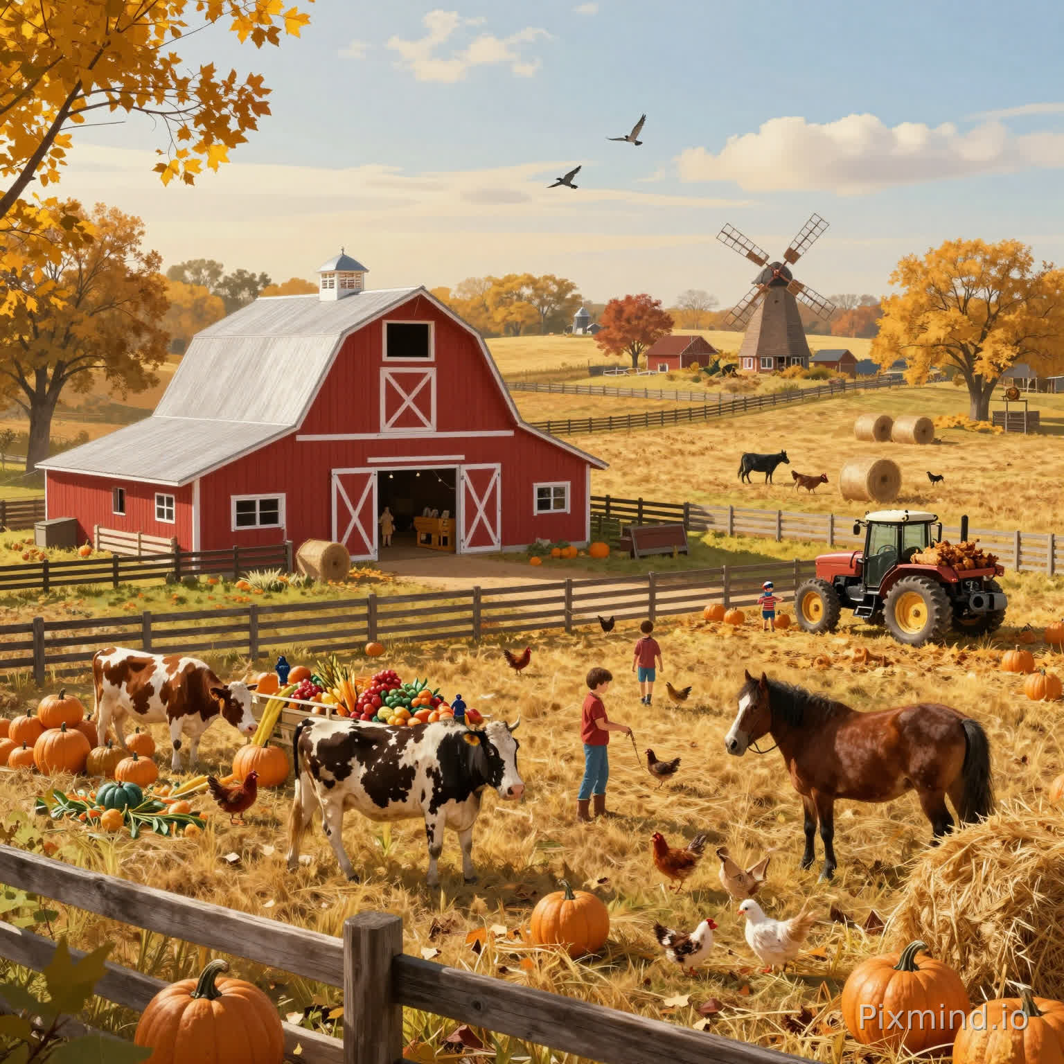 A joyful countryside farm during harvest season,
in a warm and nostalgic illustration style,
wide-angle view,
golden sunlight, warm autumn tones,
featuring detailed elements such as:
a red barn and wooden fences,
pumpkins and crops being harvested,
farm animals like cows, chickens, and horses,
a tractor loaded with hay,
children playing near hay bales,
trees with golden leaves,
a windmill in the distance,
birds flying across the sky,
ultra high resolution, 8k, extremely detailed, print-ready quality,
high contrast, rich textures, sharp focus, HDR,
professional color grading, suitable for premium jigsaw puzzle printing