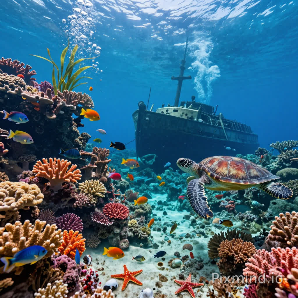 A vibrant underwater coral reef ecosystem,
in a highly detailed realistic style,
wide-angle underwater view,
bright filtered sunlight through water, vivid colors,
featuring rich details such as:
colorful coral reefs of various shapes,
schools of tropical fish swimming,
sea turtles gliding gracefully,
a sunken ship partially covered in coral,
bubbles rising to the surface,
sea plants moving with currents,
starfish and shells on the seabed,
ultra high resolution, 8k, extremely detailed, print-ready quality,
high contrast, rich textures, sharp focus, HDR,
professional color grading, suitable for premium jigsaw puzzle printing