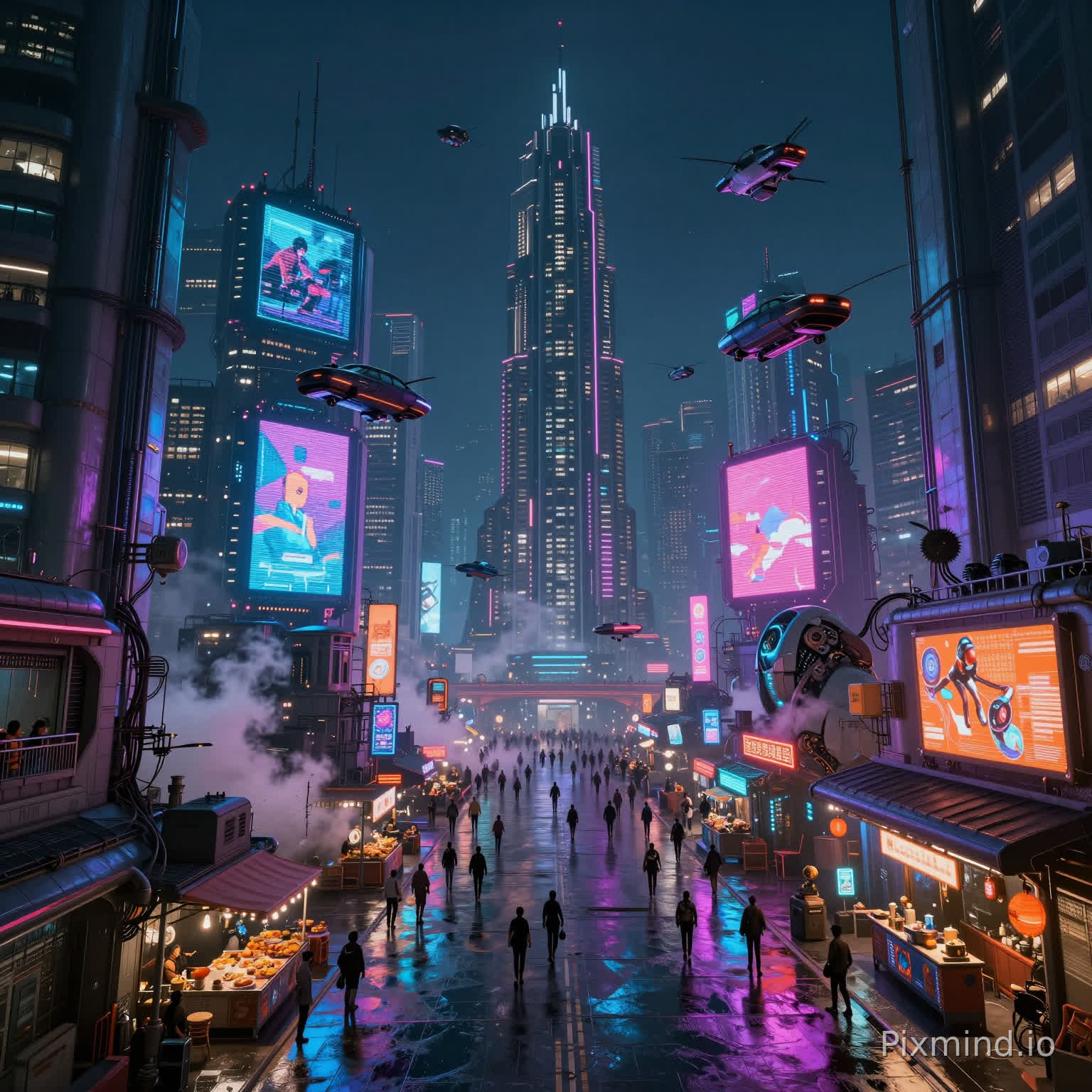 A futuristic cyberpunk city at night filled with neon lights and advanced technology
in a cinematic cyberpunk art style inspired by futuristic Asian megacities
epic wide-angle cityscape, multi-layered composition with strong depth and perspective
dramatic neon lighting with high contrast, glowing reflections on wet streets, vibrant color palette of neon blue, purple, pink, and orange
featuring extremely rich details such as:
towering skyscrapers covered with holographic billboards and digital advertisements
flying cars and drones moving between buildings
crowded streets filled with people under glowing neon signs
rain-soaked roads reflecting colorful lights
steam rising from vents and underground systems
cyberpunk street markets with food stalls and glowing signs
LED screens, cables, and futuristic infrastructure everywhere
a central iconic building or tower dominating the skyline
robots and augmented humans interacting in the environment
layers of buildings fading into the distance with atmospheric haze
ultra high resolution, 8k, extremely detailed, print-ready quality
high contrast, rich textures, sharp focus, HDR
professional color grading, suitable for premium jigsaw puzzle printing