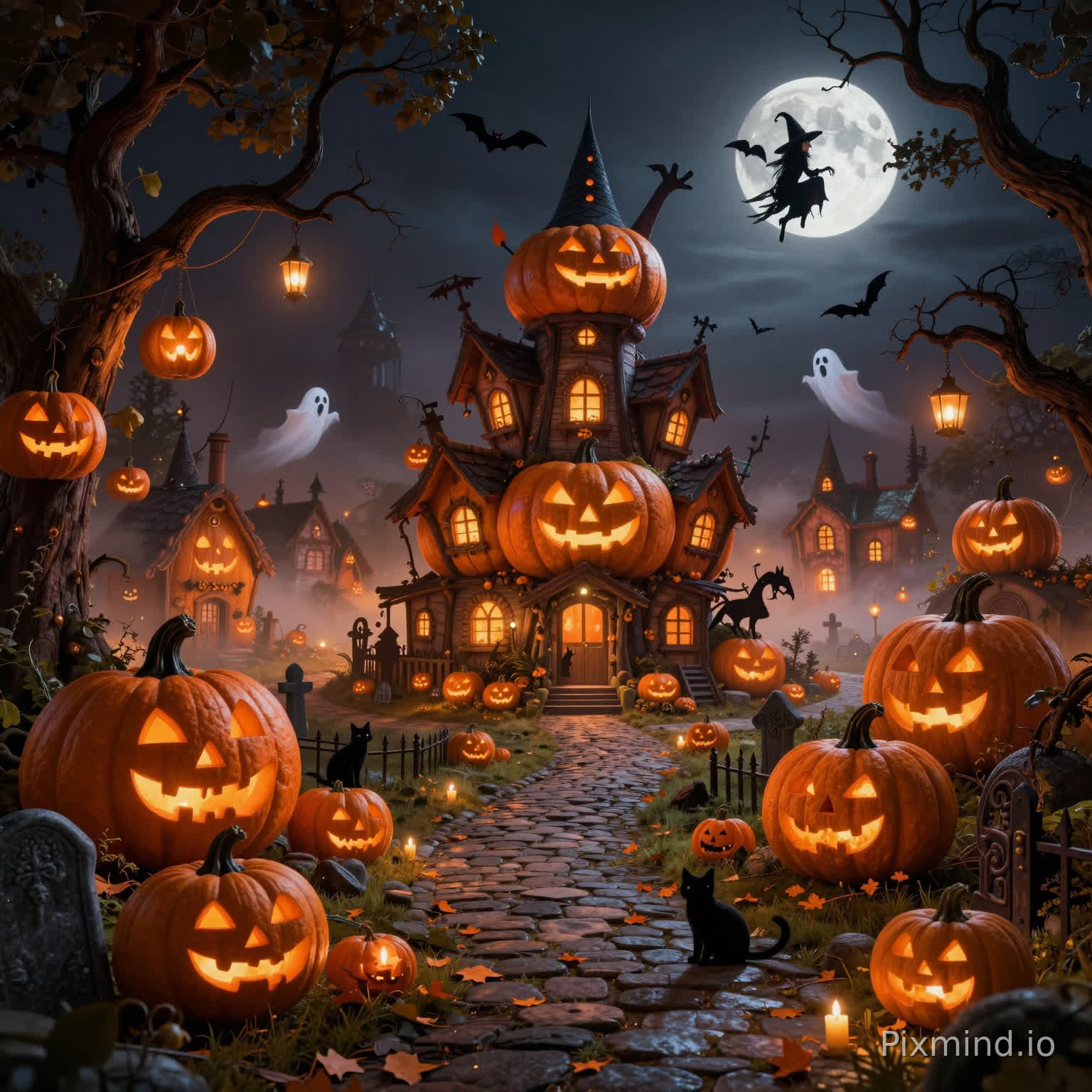 A spooky yet cozy Halloween pumpkin village at night
in a highly detailed fantasy illustration style inspired by European fairytales
wide-angle view, centered composition with a strong focal point
dramatic lighting with glowing orange pumpkin lights against a dark night sky, high contrast, rich warm orange tones mixed with deep shadows
featuring extremely rich details such as:
a village made of carved pumpkin houses with glowing faces
a large central pumpkin tower or haunted house
jack-o'-lanterns lining the pathways
twisted trees with hanging lanterns
a small witch flying across the moon
black cats sitting near doorways
ghosts floating gently in the air
a graveyard with old tombstones and iron fences
cobblestone paths winding through the village
bats flying across the sky
fog rolling across the ground
warm glowing windows and candles lighting the scene
ultra high resolution, 8k, extremely detailed, print-ready quality
high contrast, rich textures, sharp focus, HDR
professional color grading, suitable for premium jigsaw puzzle printing